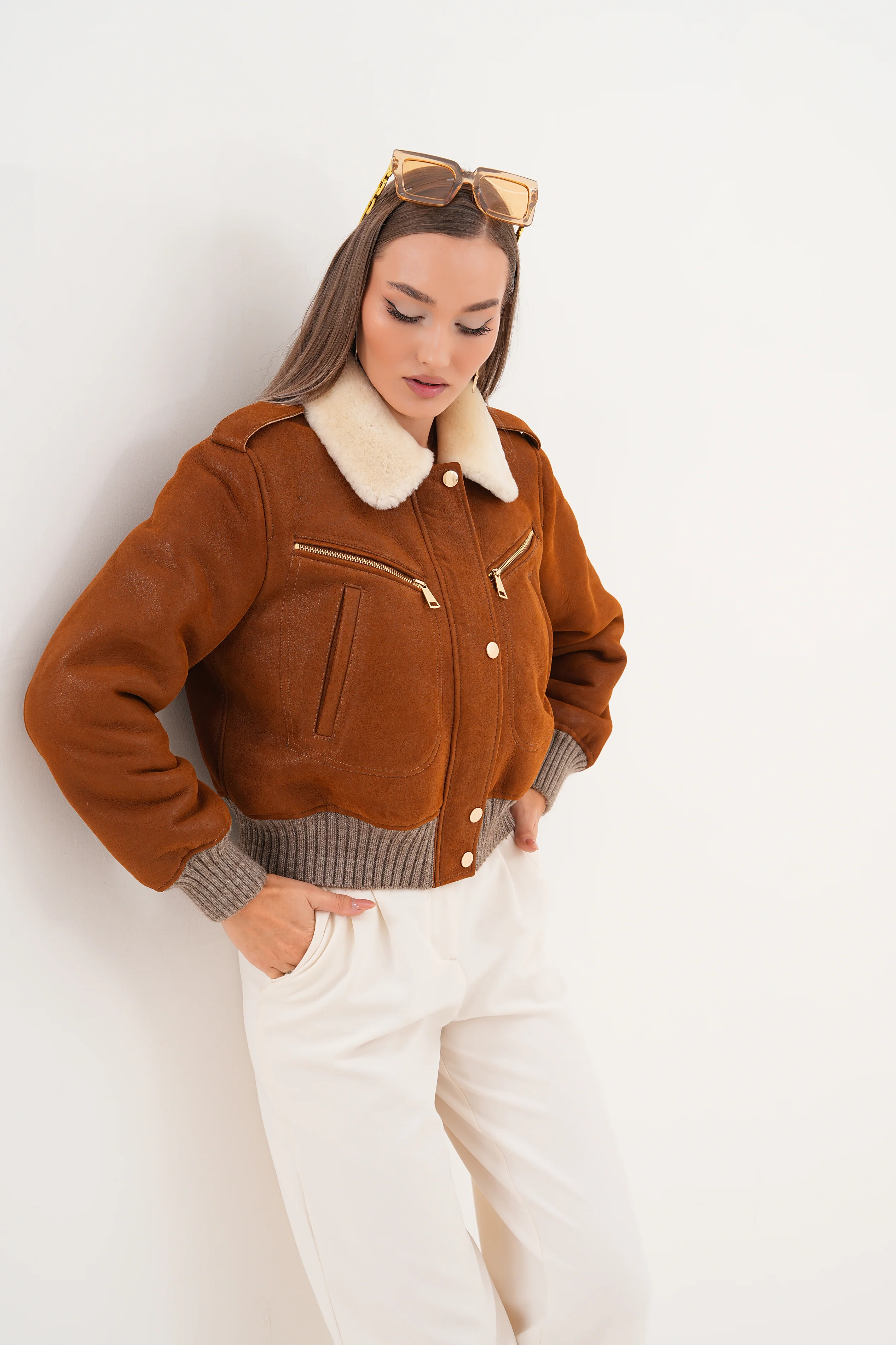 The Amber Shearling Collar Suede Women Leather Jacket - Image 5
