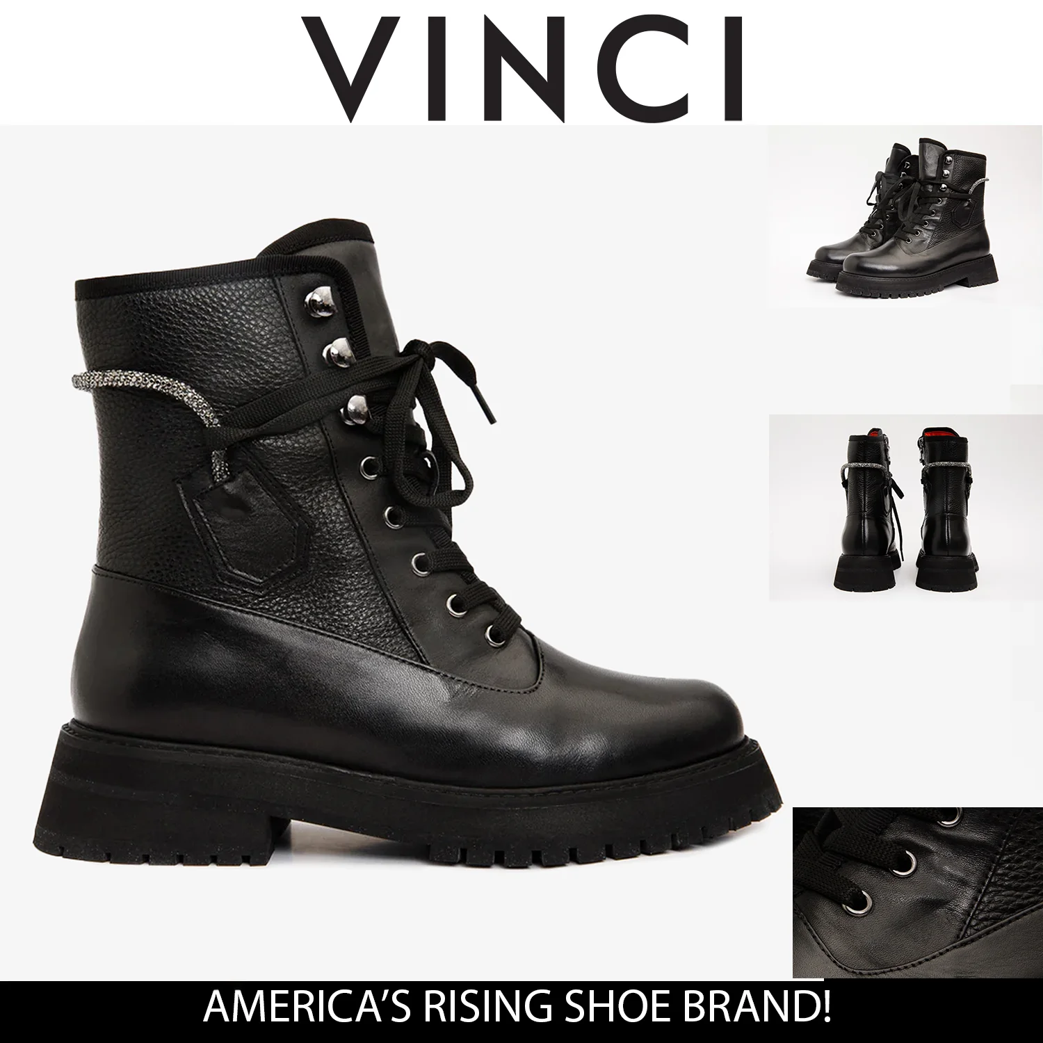 The Arata Black Leather Lace-Up Ankle Women Boot With a Side Zipper