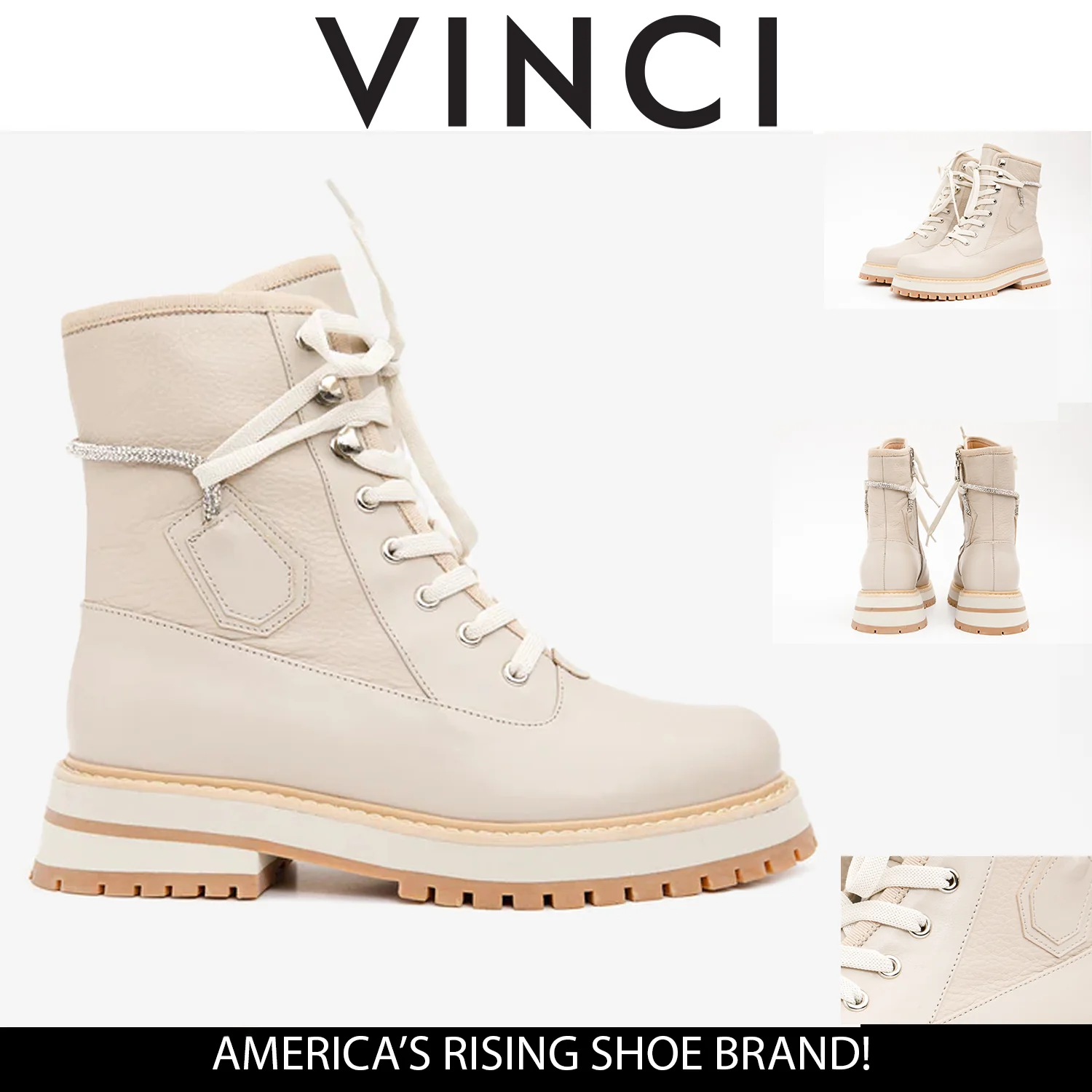 The Arata Cream Leather Lace-Up Ankle Women Boot With a Side Zipper - Image 7