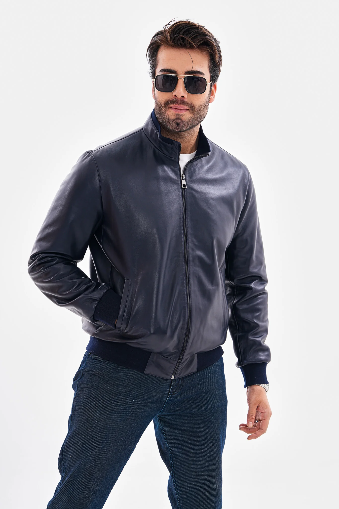 The Ardent Lambskin Men Leather Jacket – Navy Blue - Image 7
