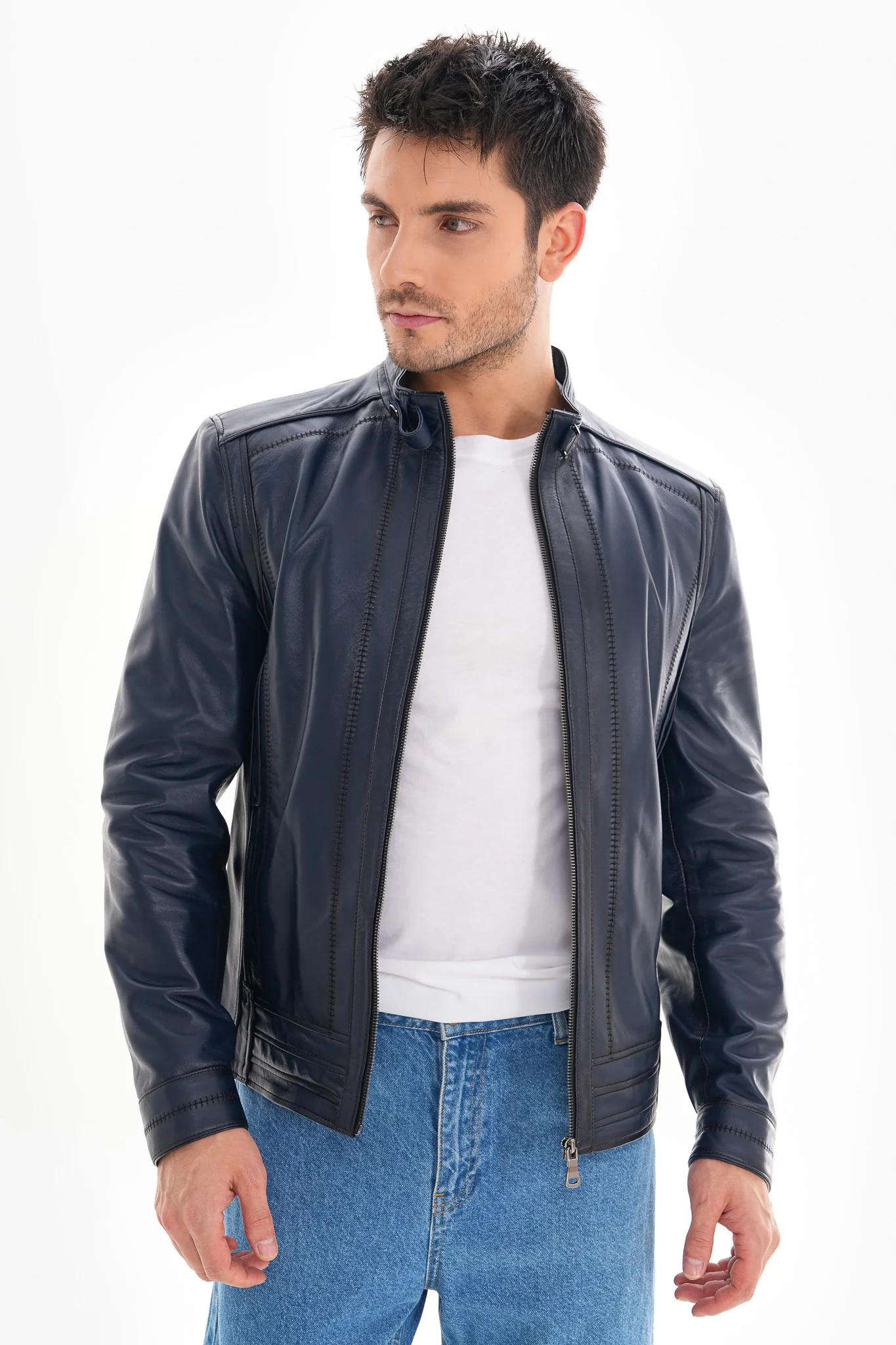 The Arezzo Navy Blue Leather Men Jacket - Image 2