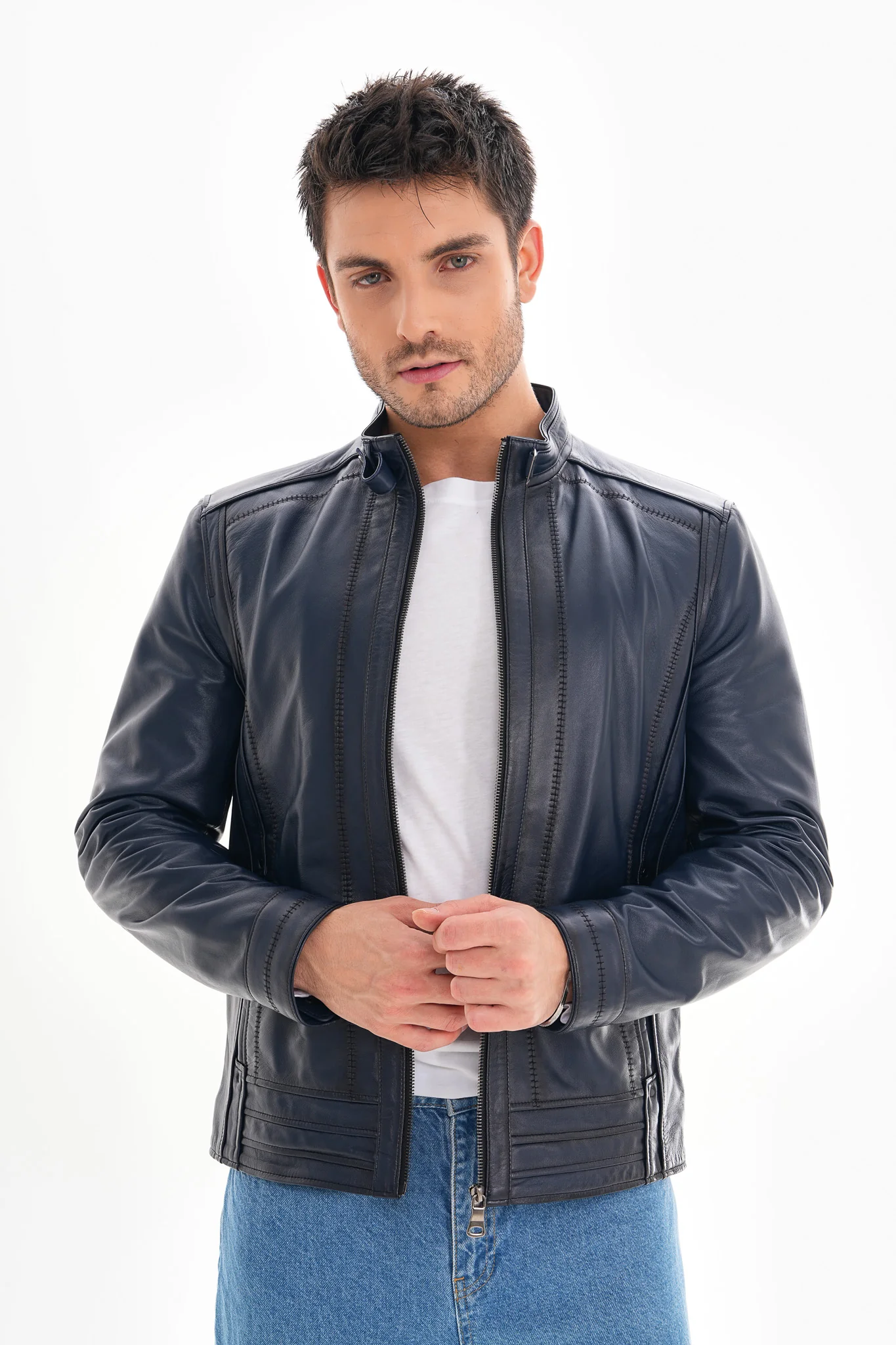 The Arezzo Navy Blue Leather Men Jacket - Image 3