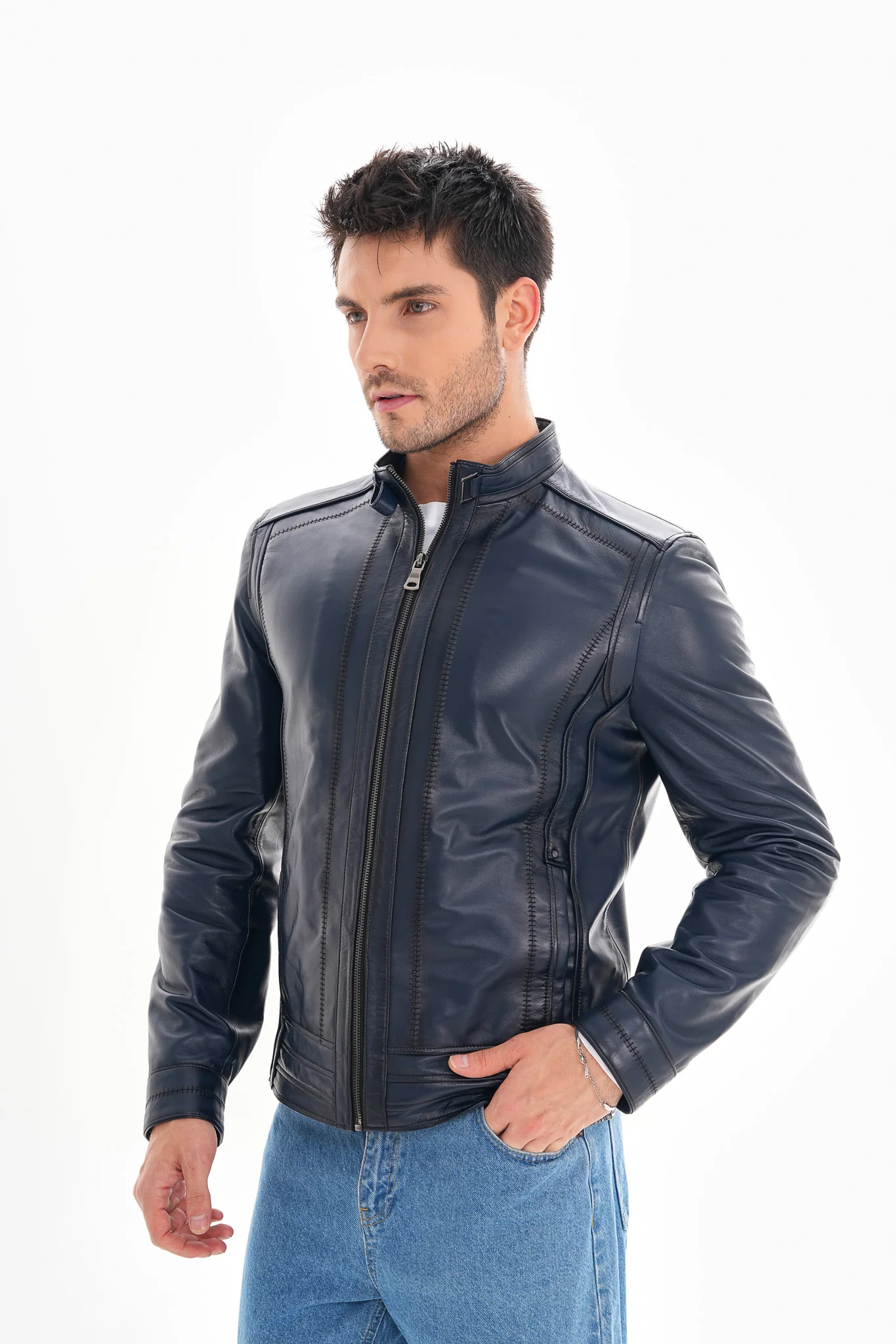 The Arezzo Navy Blue Leather Men Jacket - Image 4