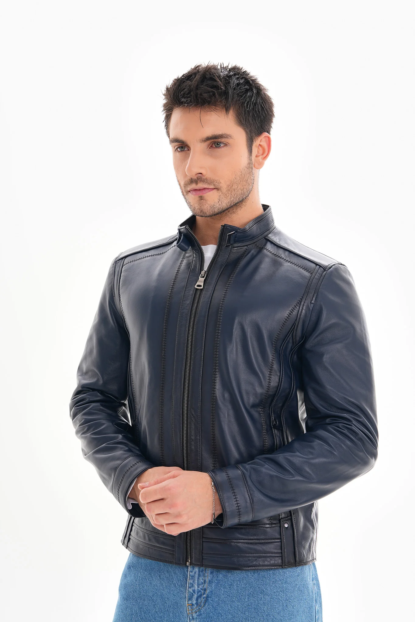 The Arezzo Navy Blue Leather Men Jacket - Image 5