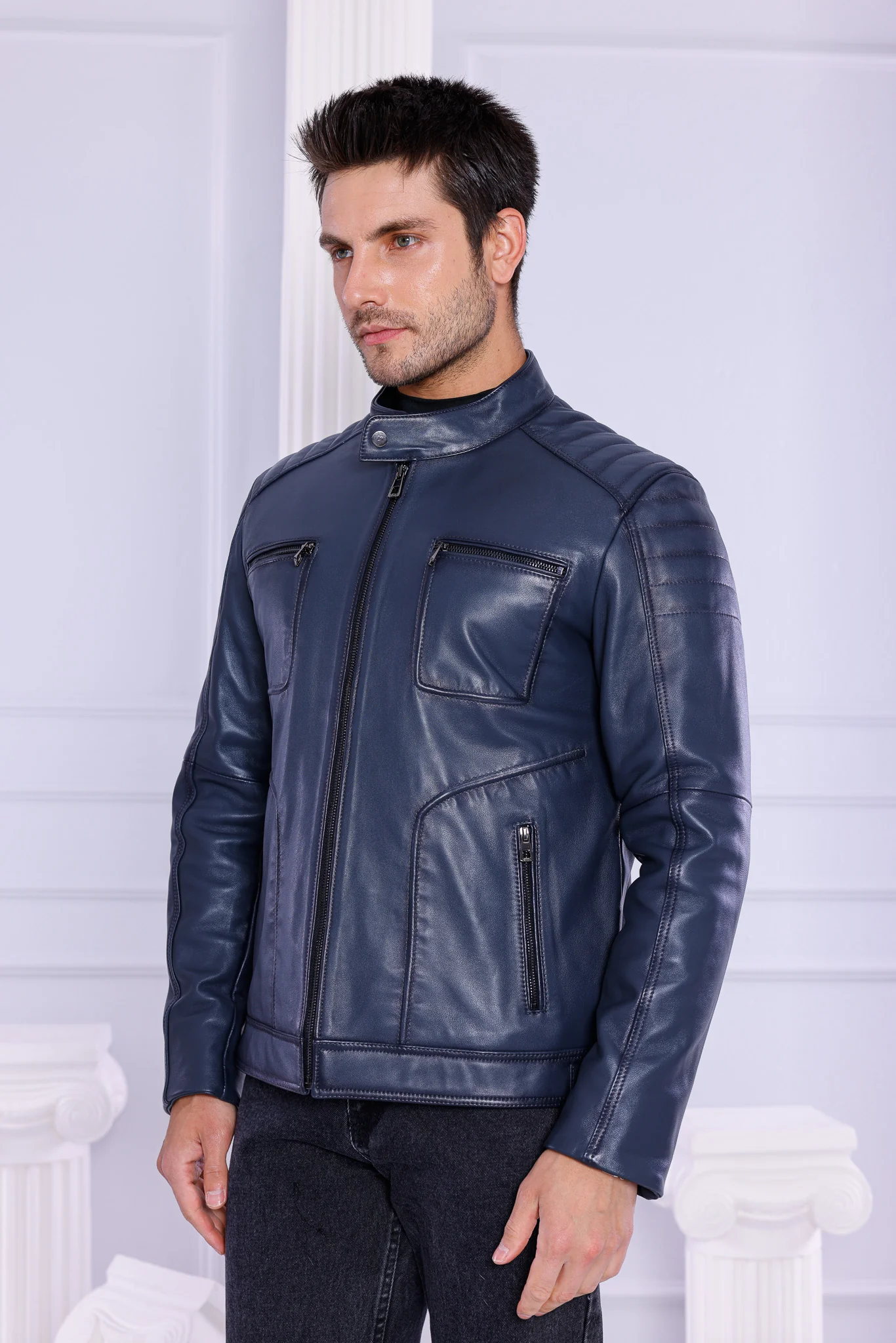 The Argento Navy Blue Leather Jacket - Image 2