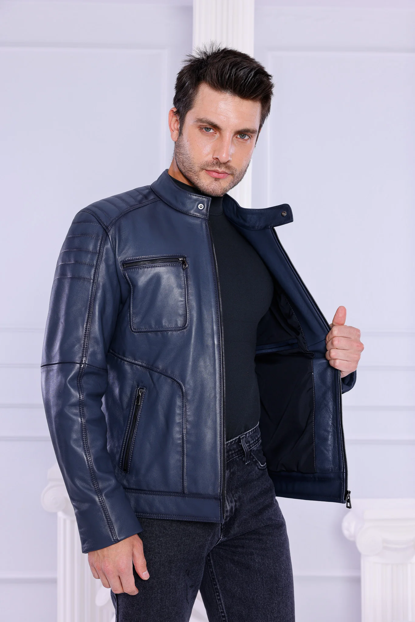 The Argento Navy Blue Leather Jacket - Image 5