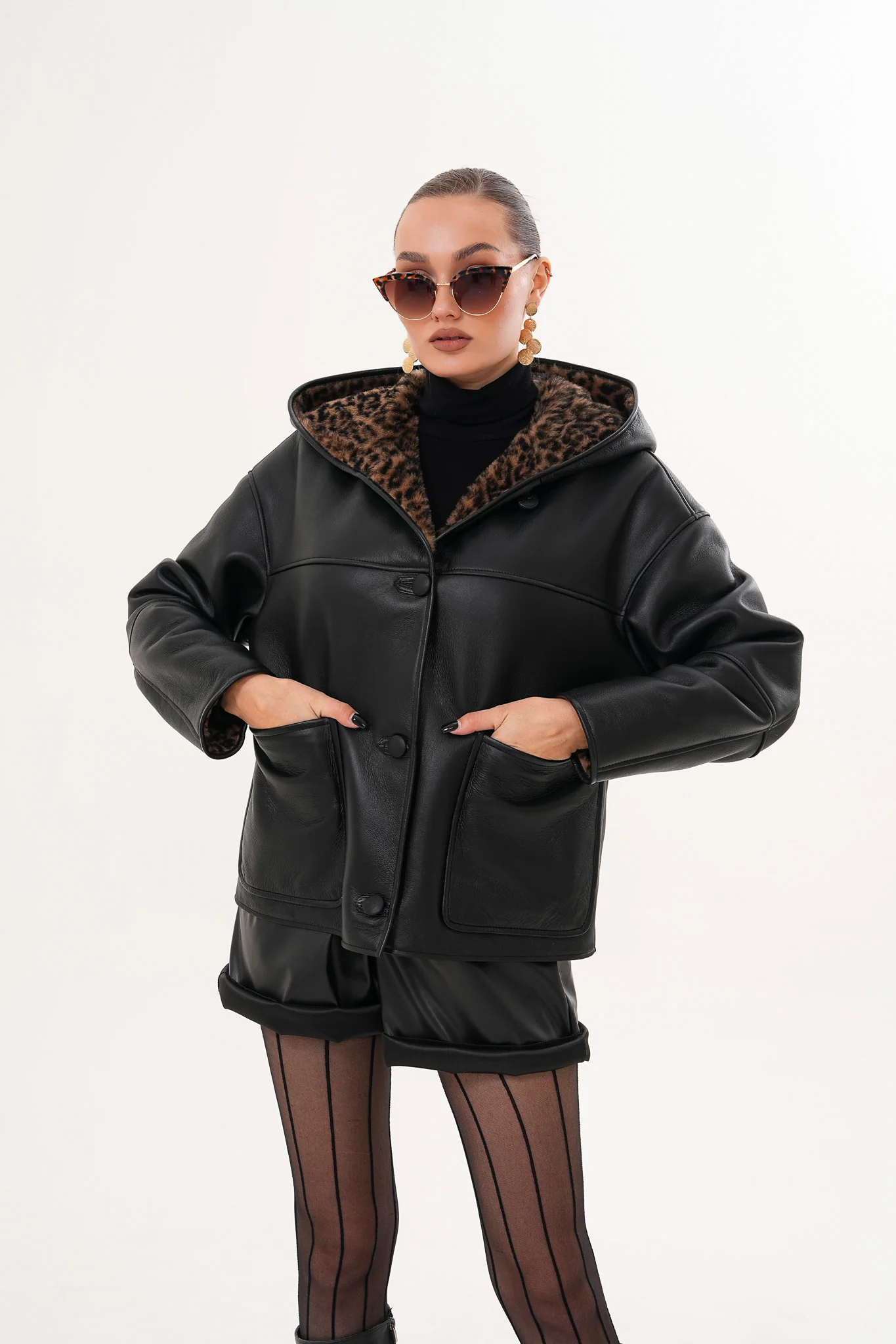 The Arlena Black & Leopard Shearling Leather Women Jacket - Image 10