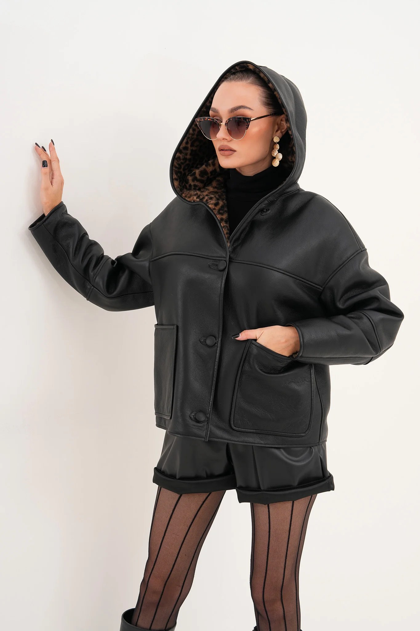 The Arlena Black & Leopard Shearling Leather Women Jacket - Image 7