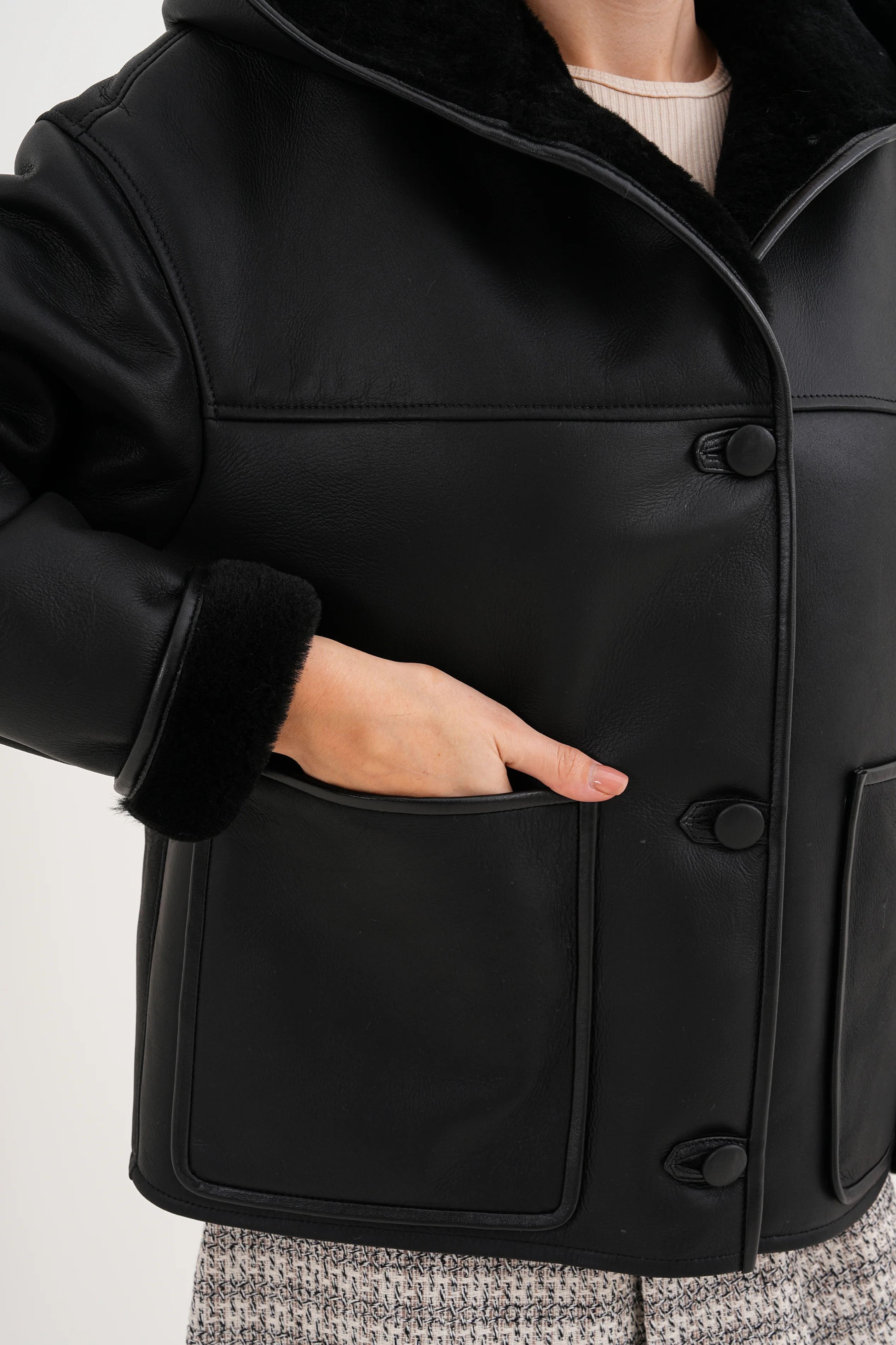 The Arlena Black Shearling Leather Women Jacket - Image 4