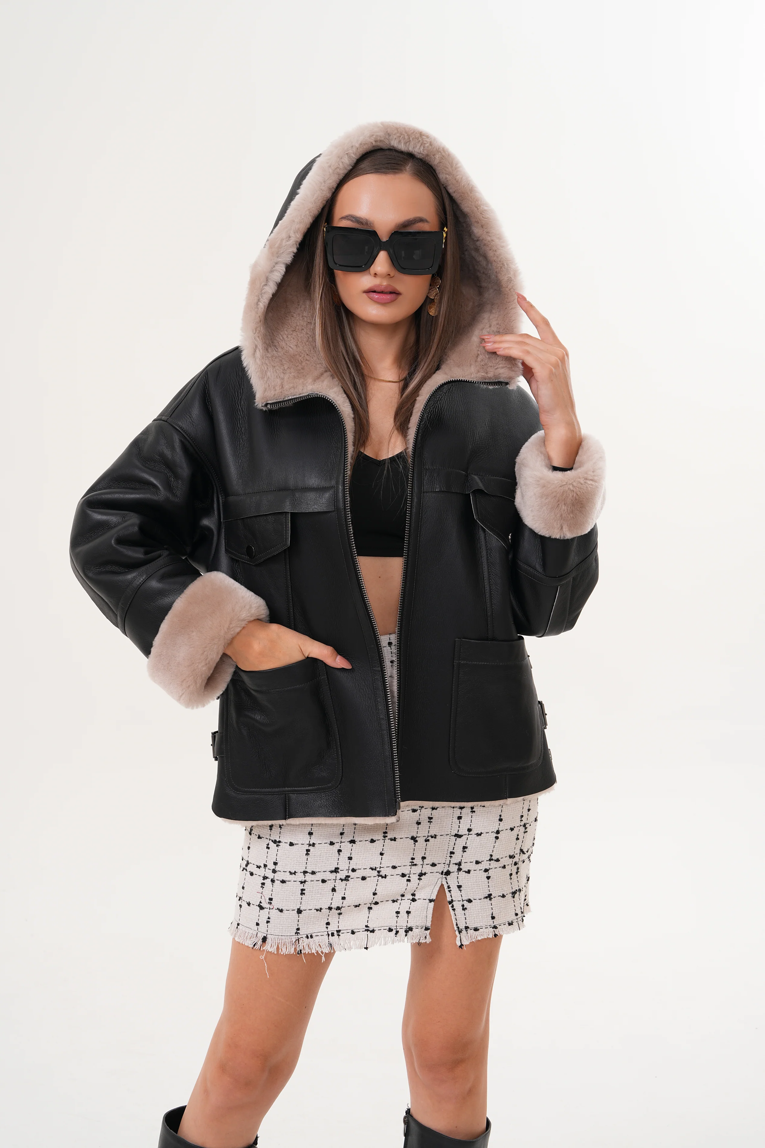 The Aspen Hooded Shearling Leather Women Jacket - Image 7