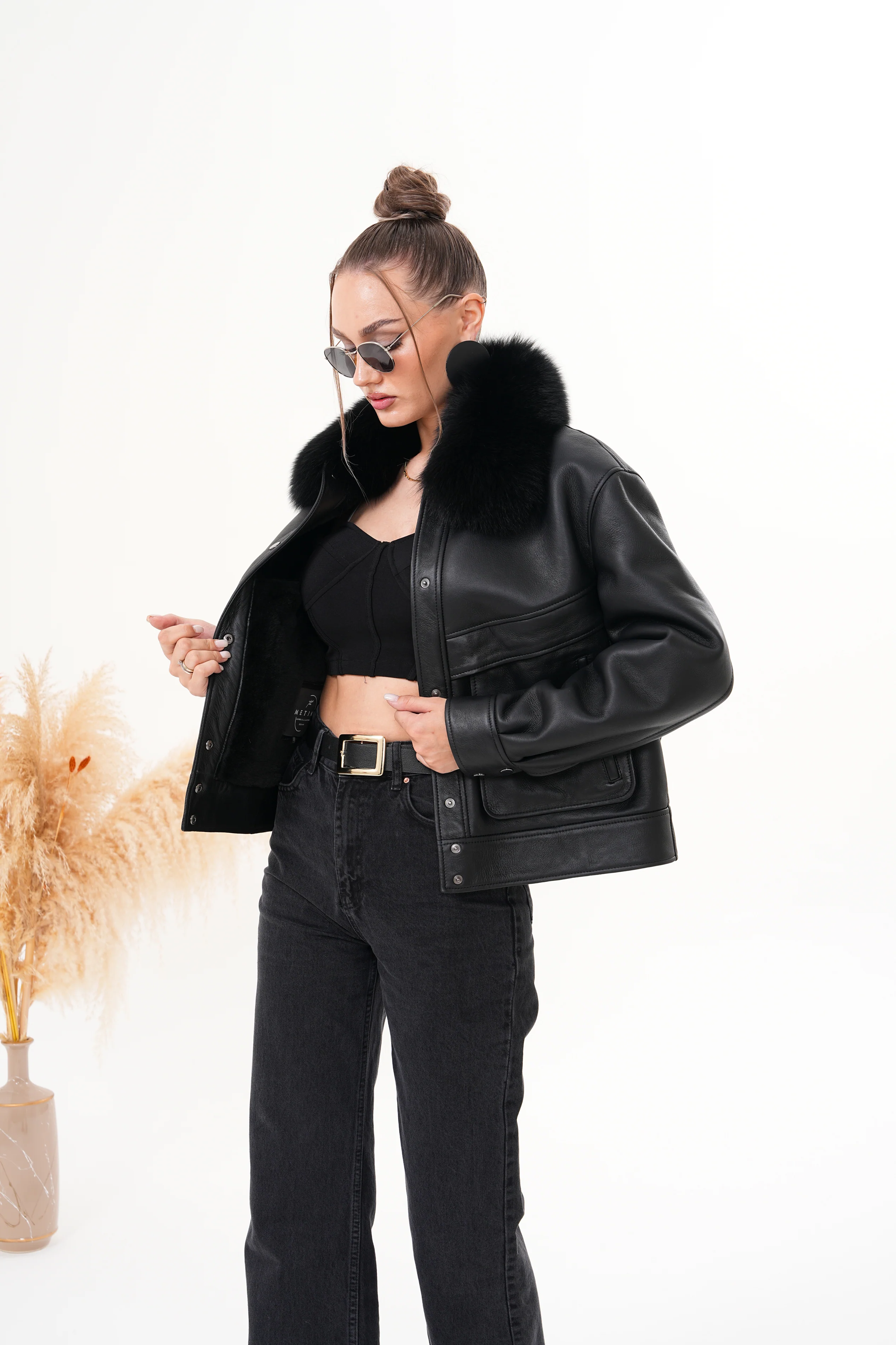The Auretta Black Shearling Leather Women Jacket - Image 10