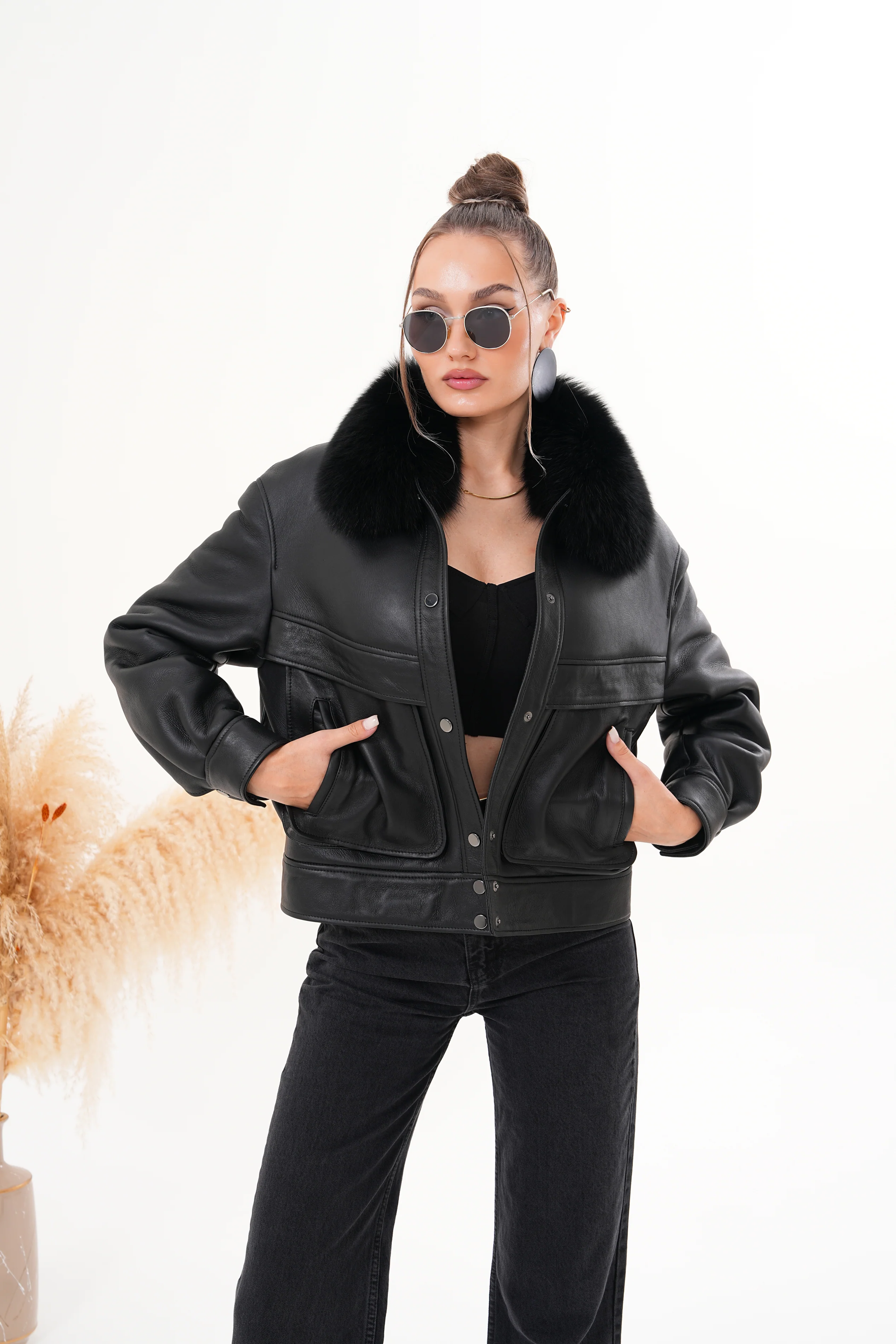The Auretta Black Shearling Leather Women Jacket - Image 11