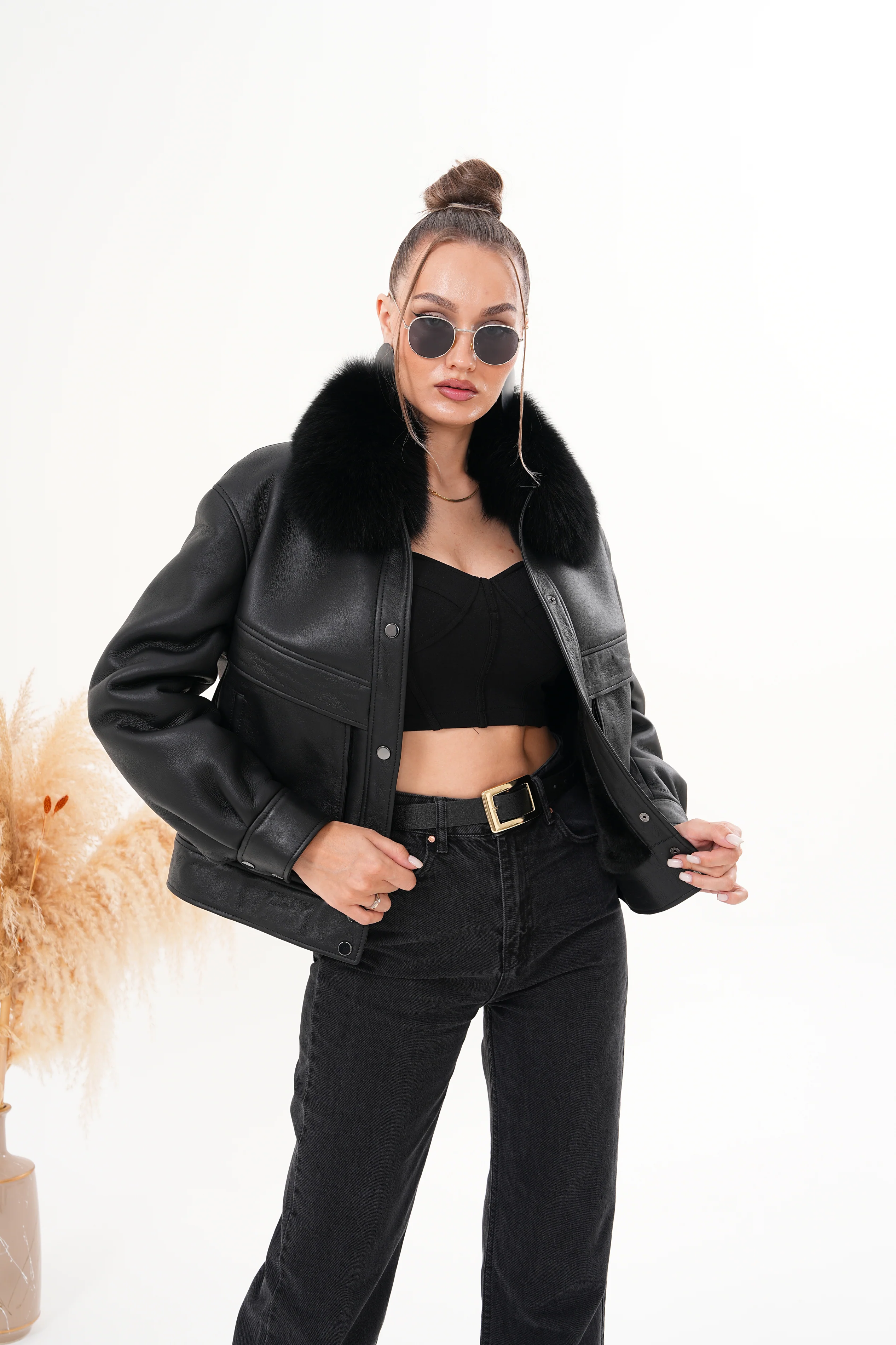 The Auretta Black Shearling Leather Women Jacket - Image 12