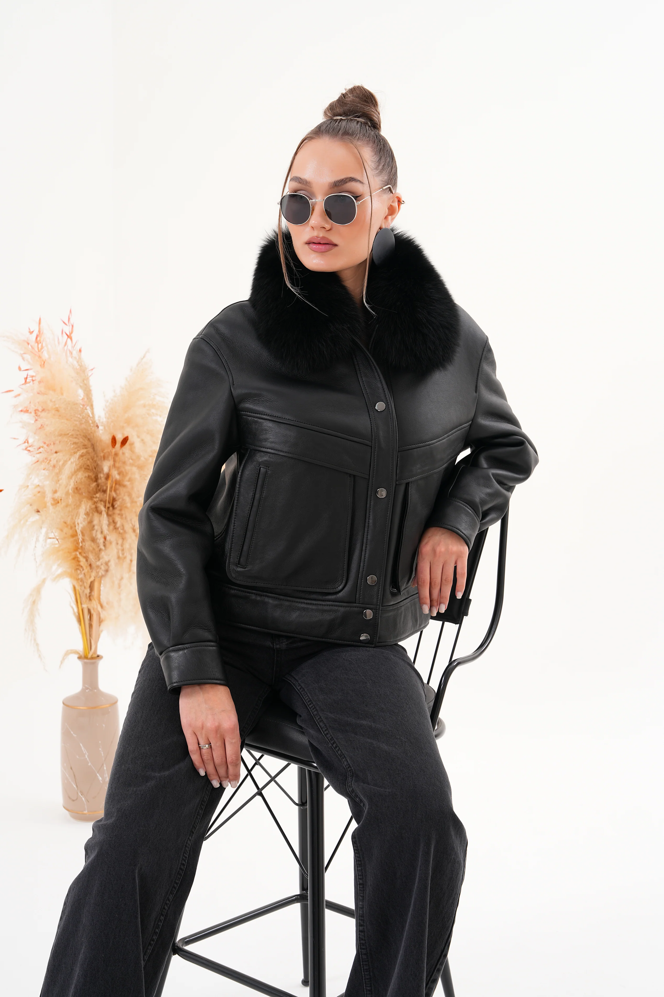 The Auretta Black Shearling Leather Women Jacket - Image 13