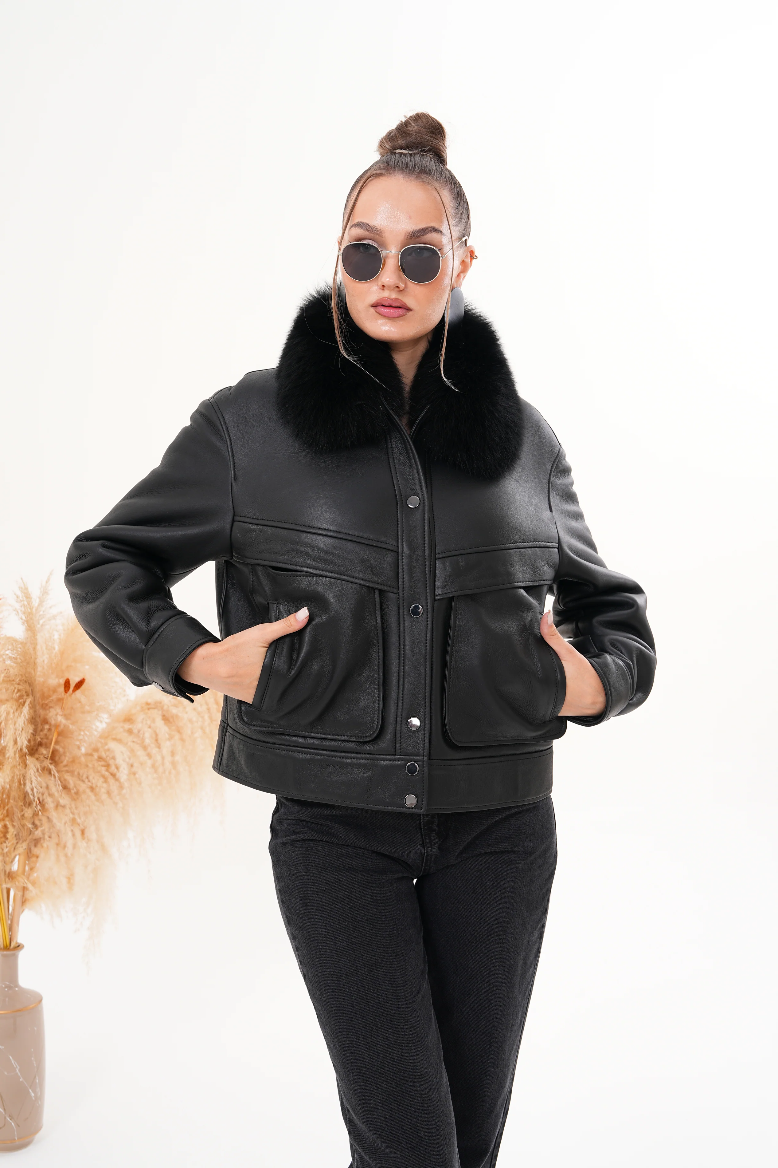 The Auretta Black Shearling Leather Women Jacket - Image 17