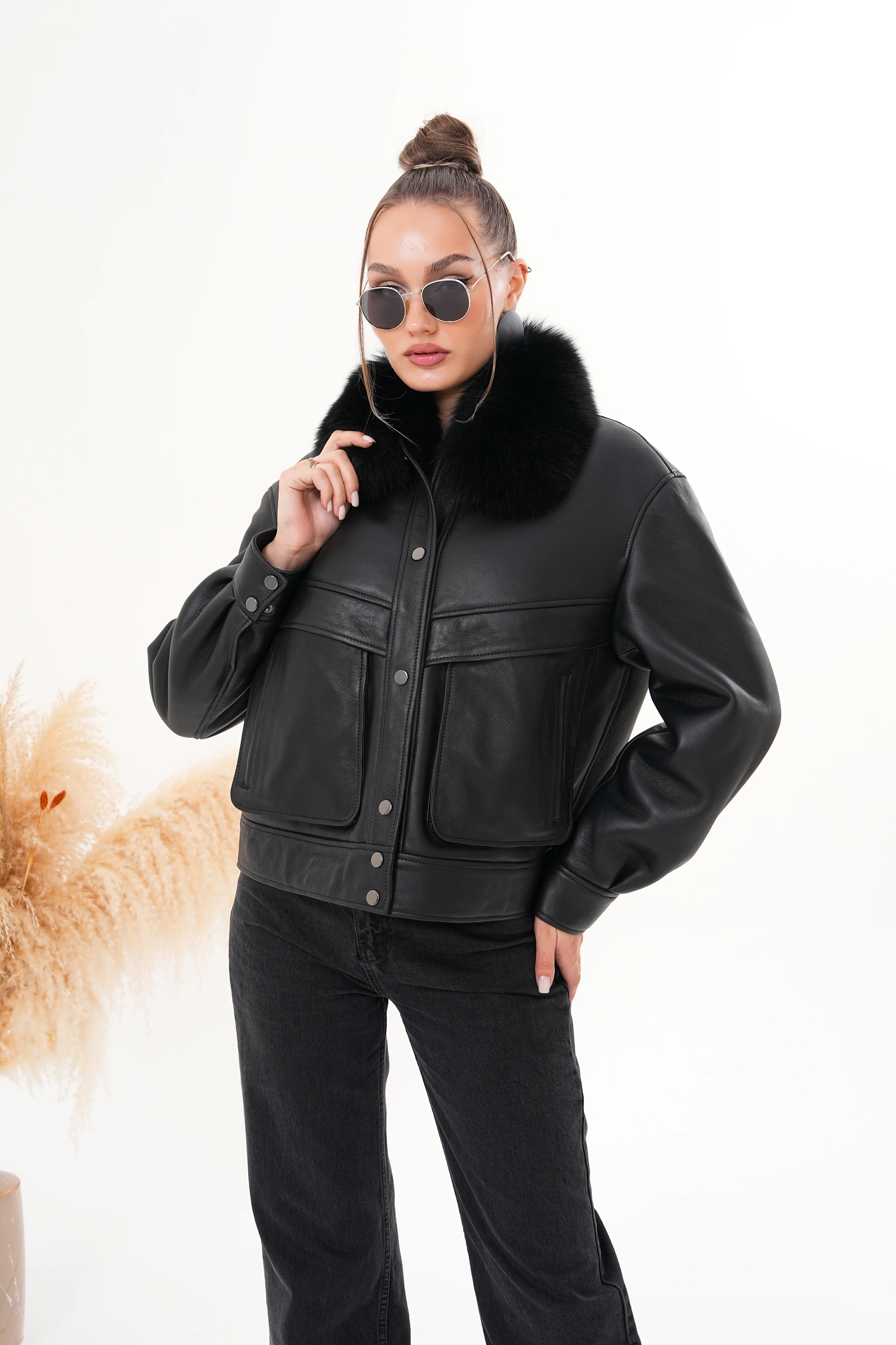 The Auretta Black Shearling Leather Women Jacket - Image 18