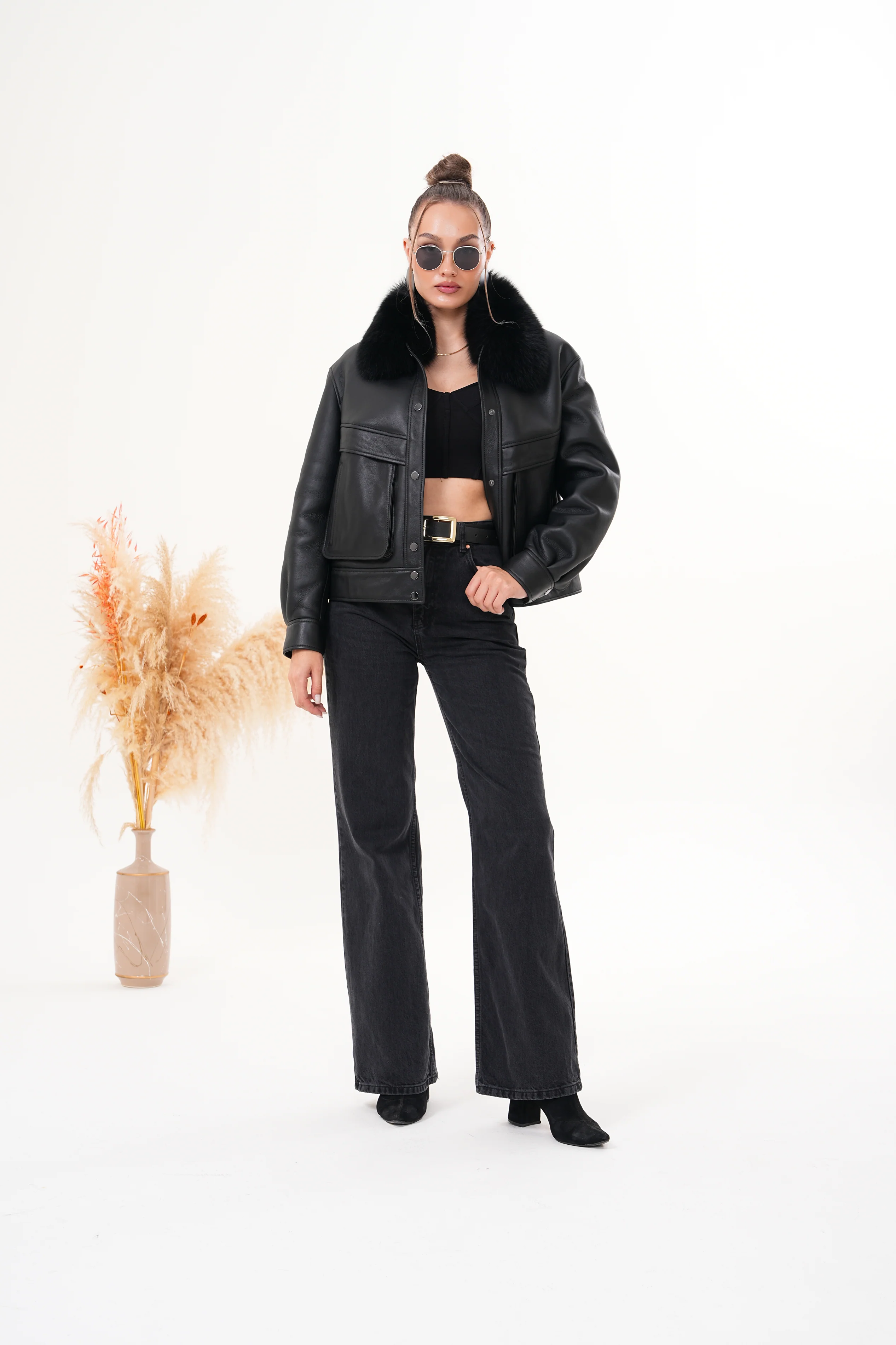 The Auretta Black Shearling Leather Women Jacket - Image 5