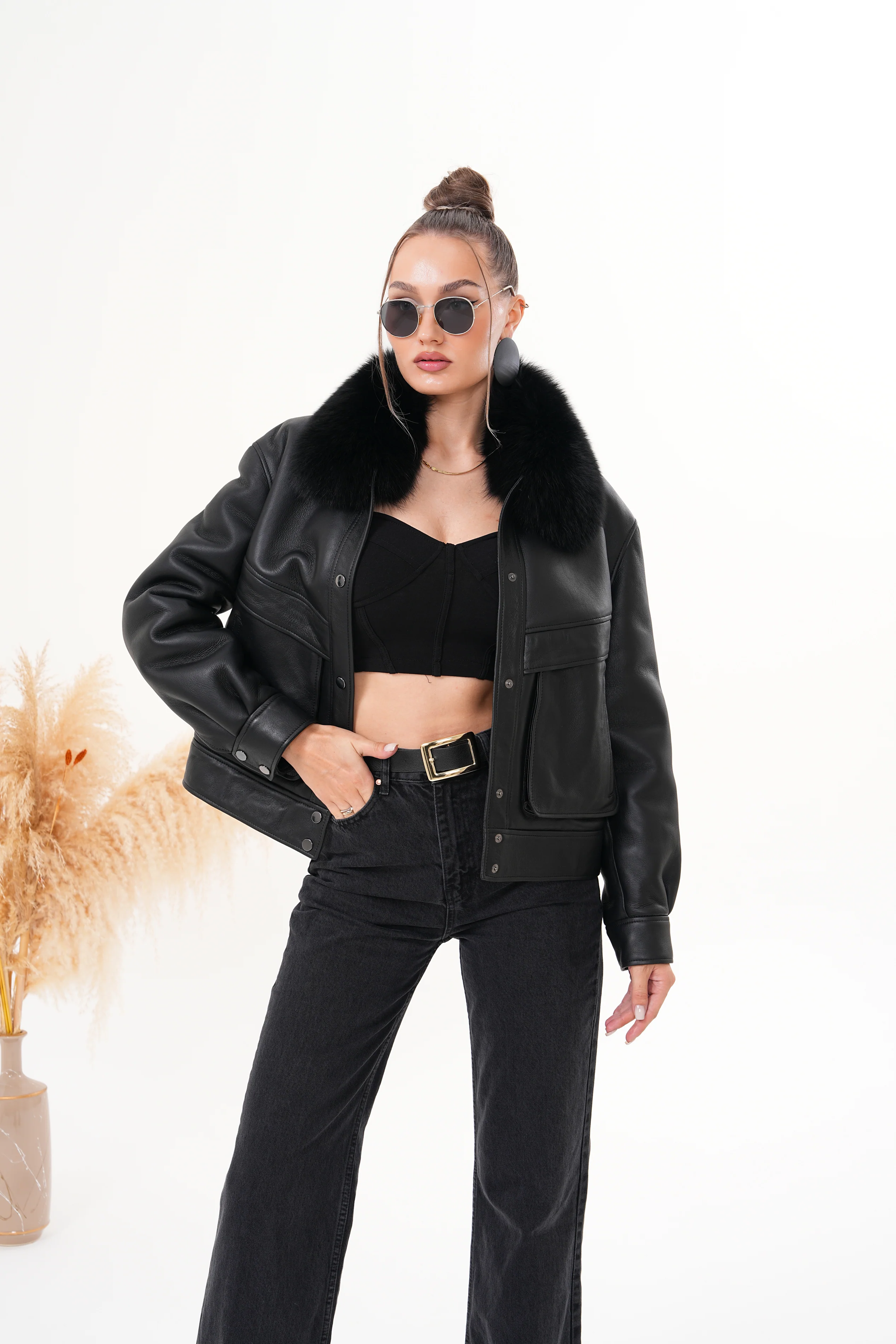 The Auretta Black Shearling Leather Women Jacket - Image 9
