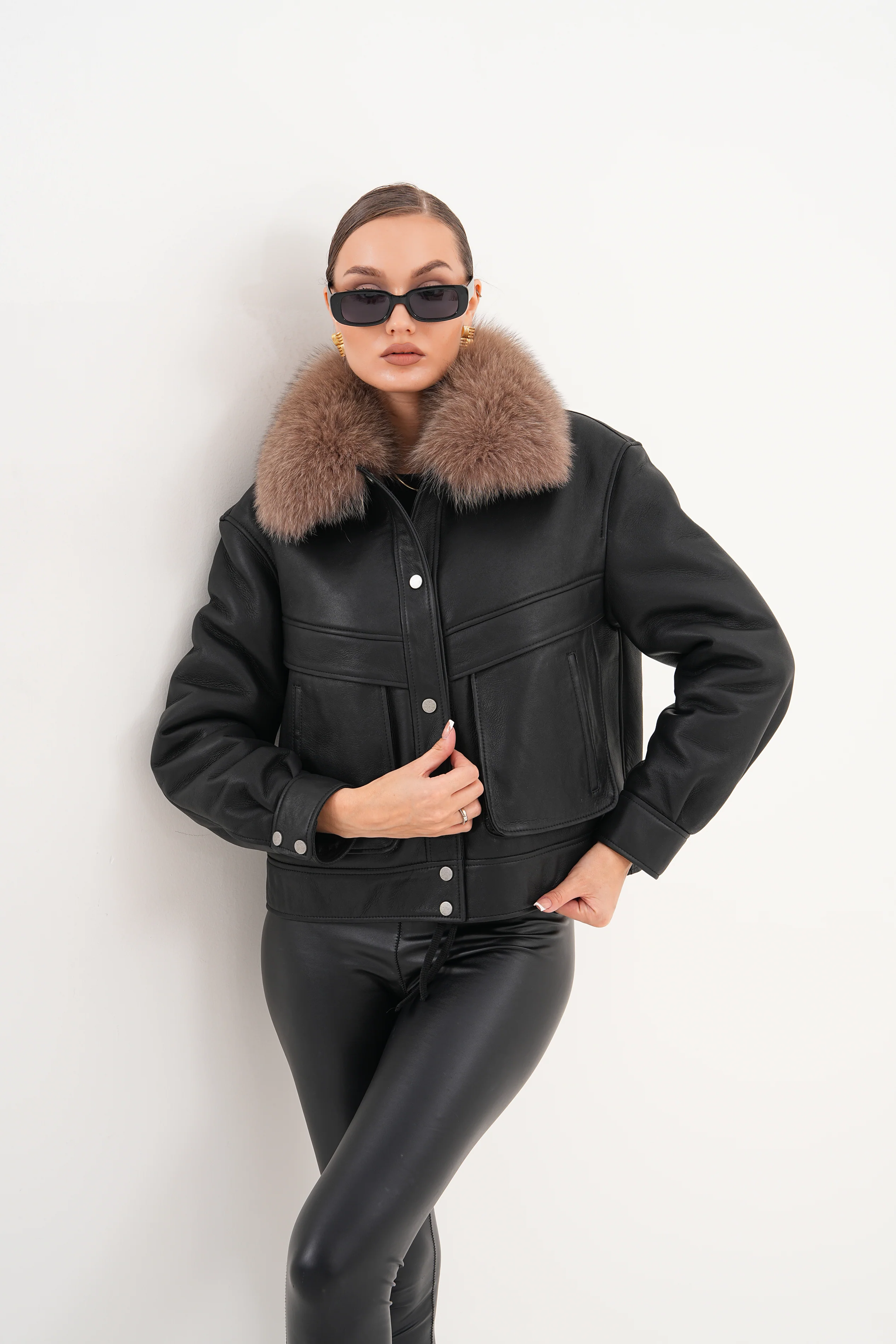 The Auretta Brown Collar Shearling Leather Women Jacket - Image 13