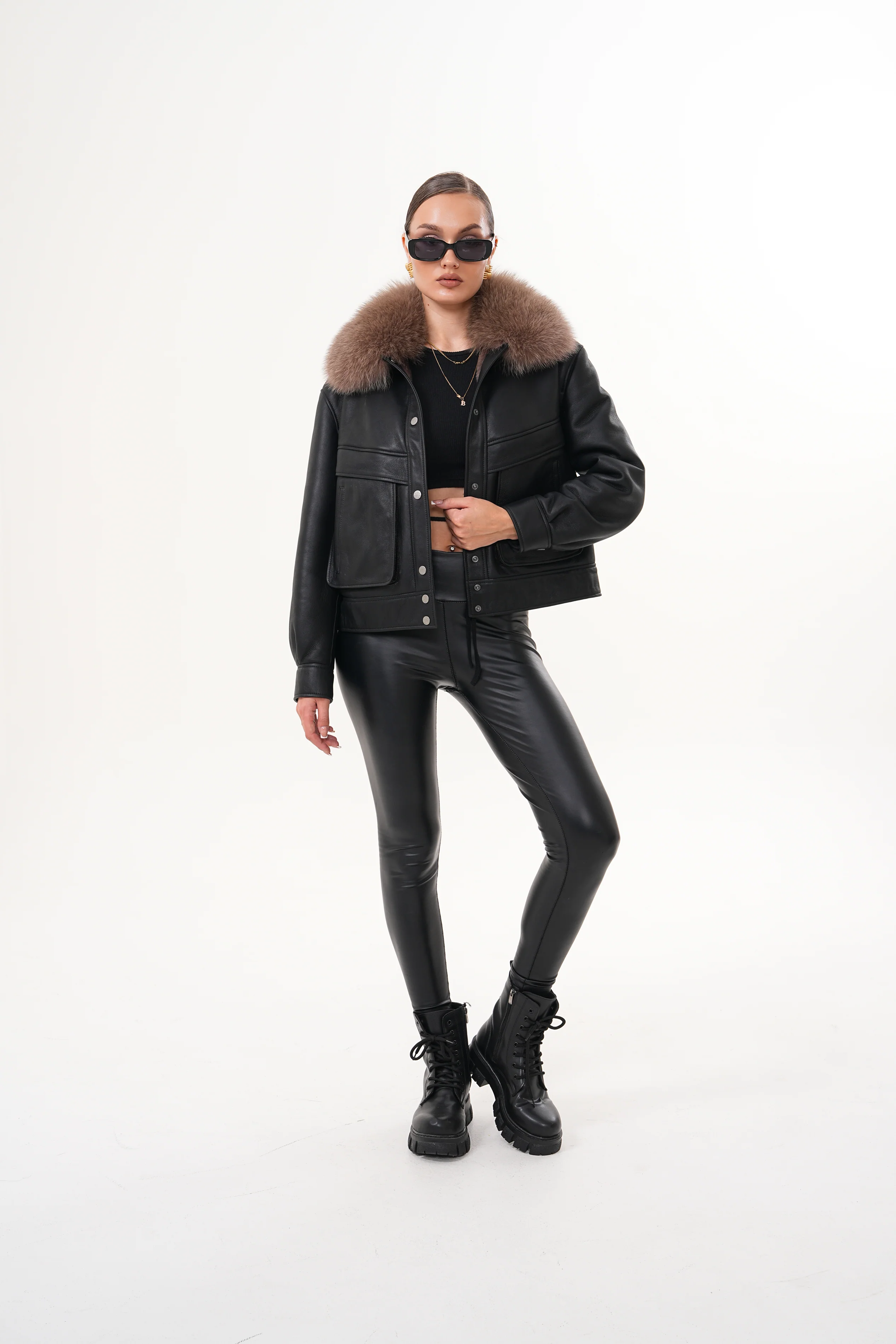 The Auretta Brown Collar Shearling Leather Women Jacket - Image 5