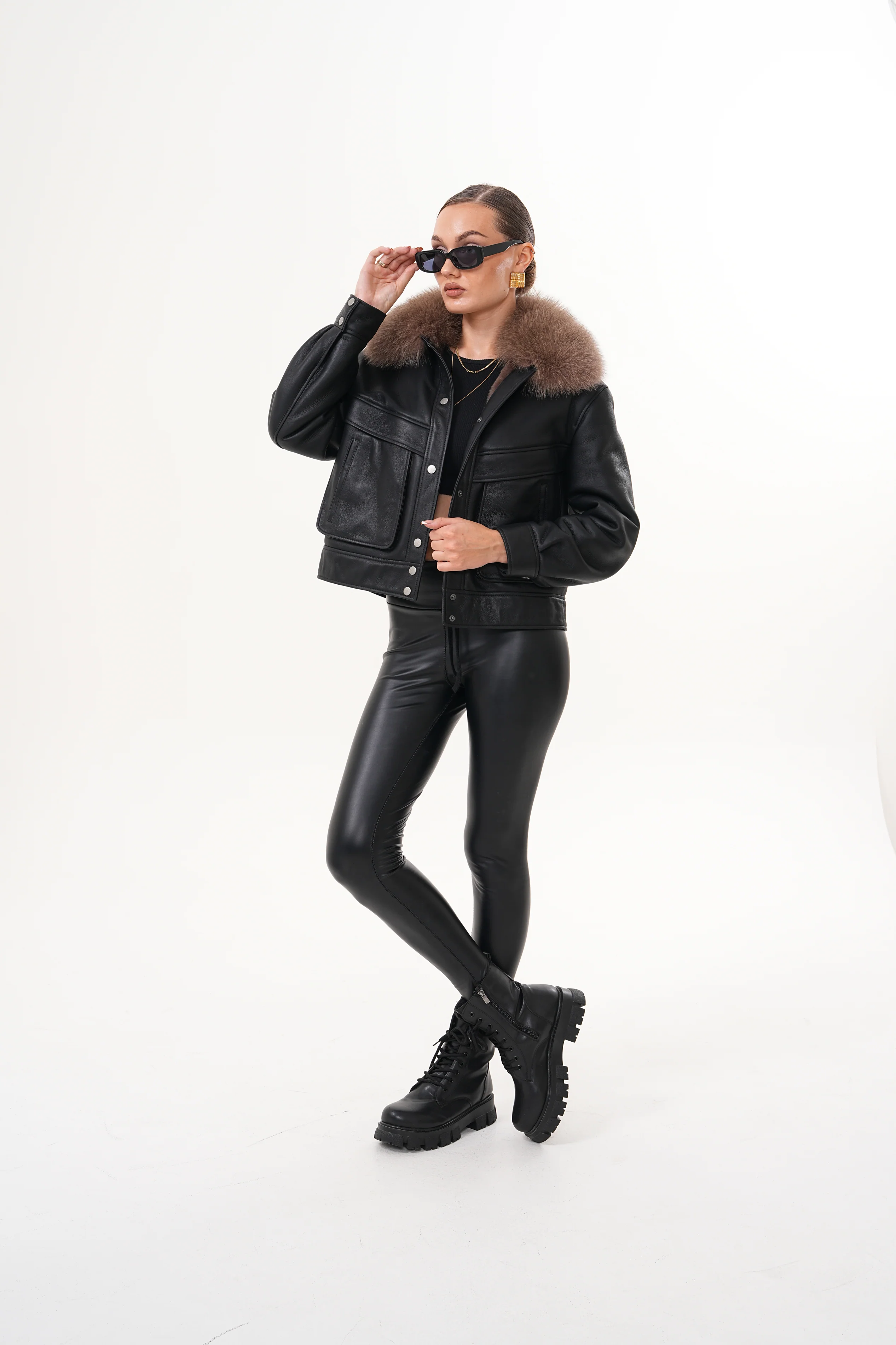 The Auretta Brown Collar Shearling Leather Women Jacket - Image 7
