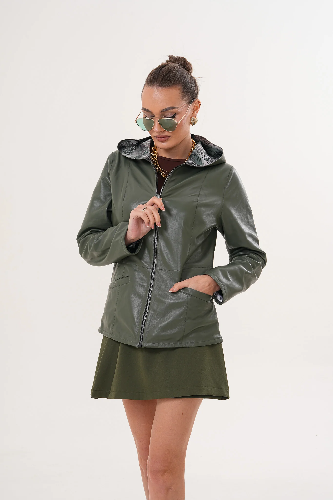 The Avelyn Reversible Olive Green Leather Women Jacket - Image 15