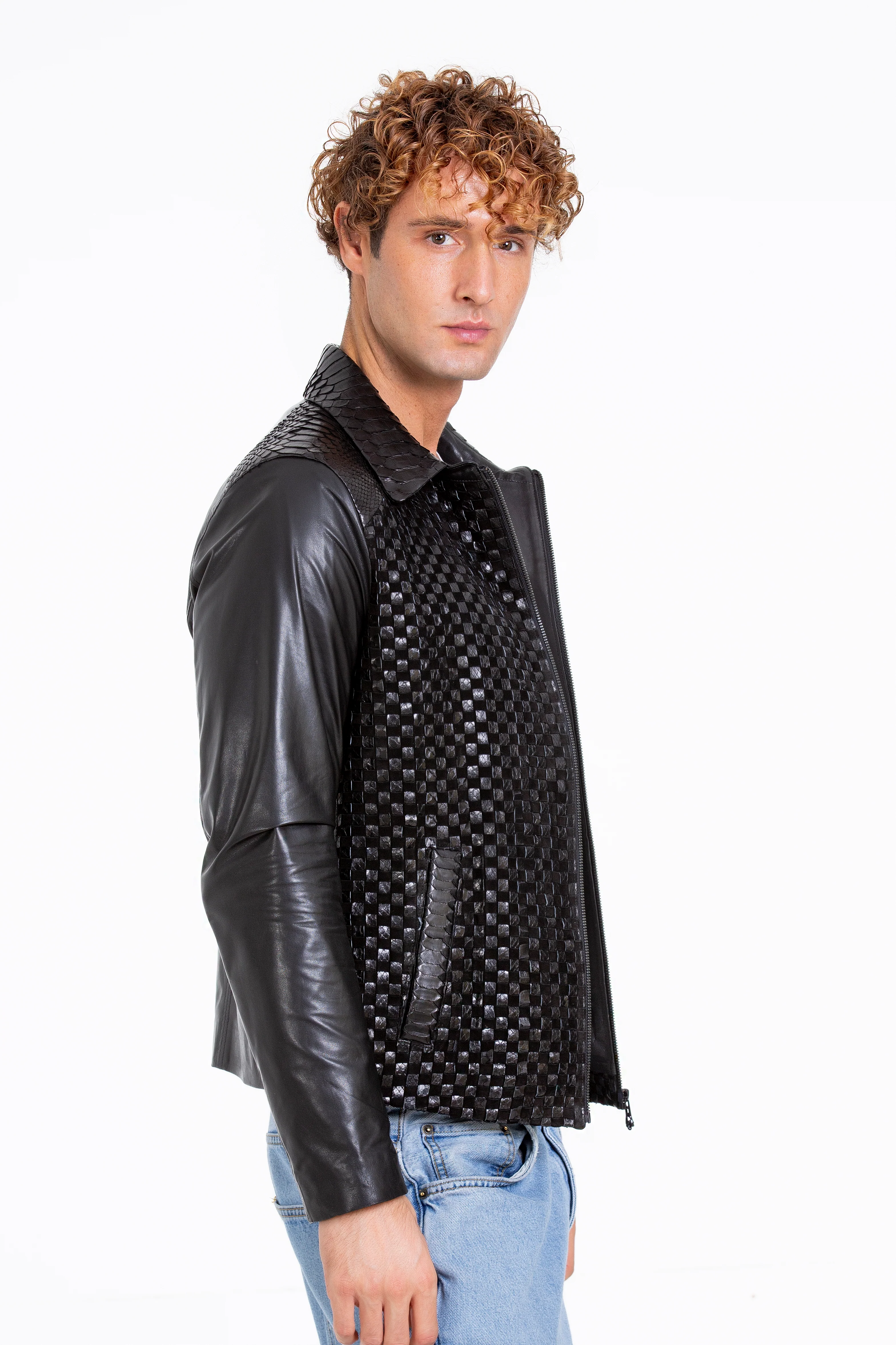 The Bedford Pythn Skin Handwoven Leather Black Men Jacket - Image 2