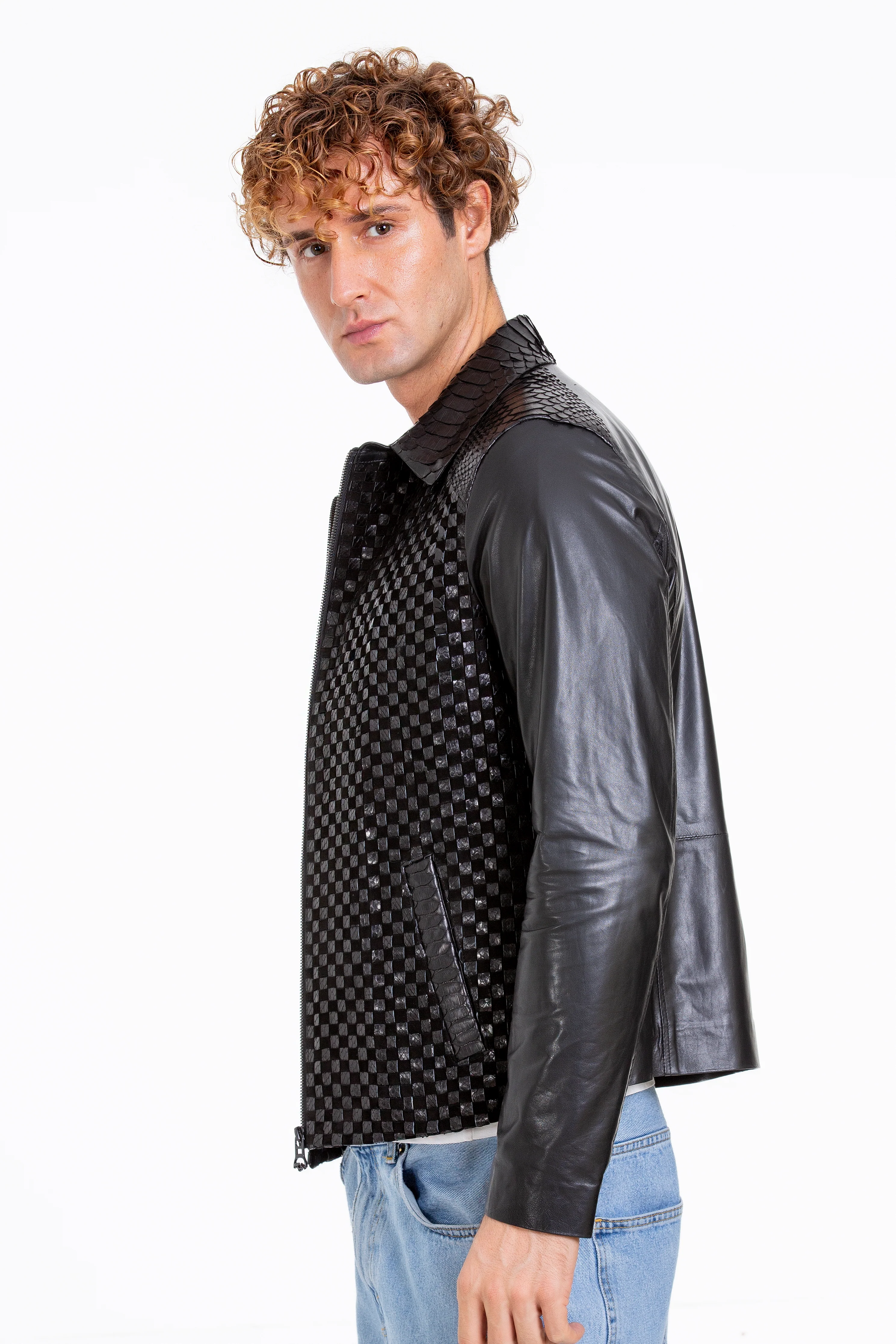 The Bedford Pythn Skin Handwoven Leather Black Men Jacket - Image 5