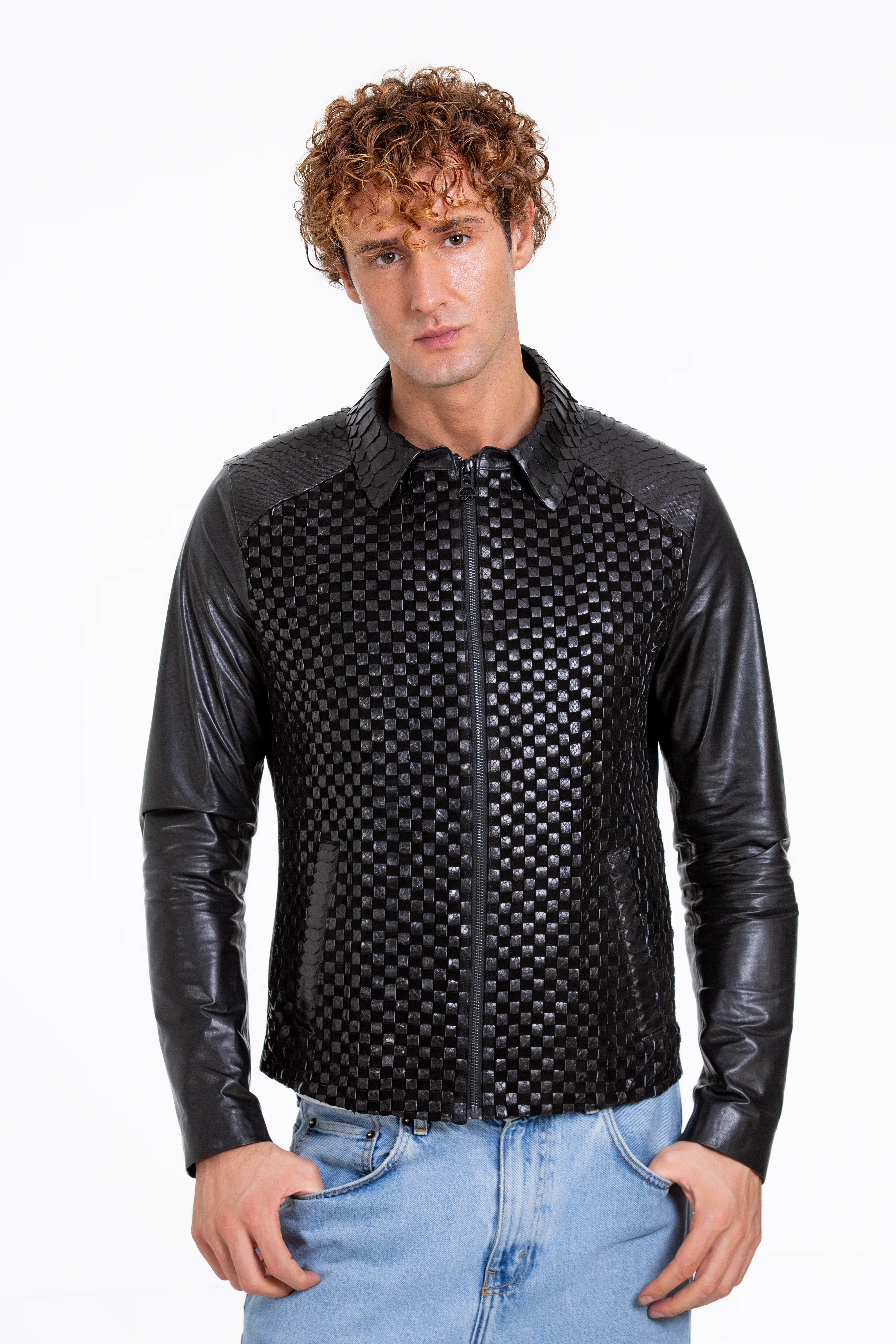 The Bedford Pythn Skin Handwoven Leather Black Men Jacket - Image 7