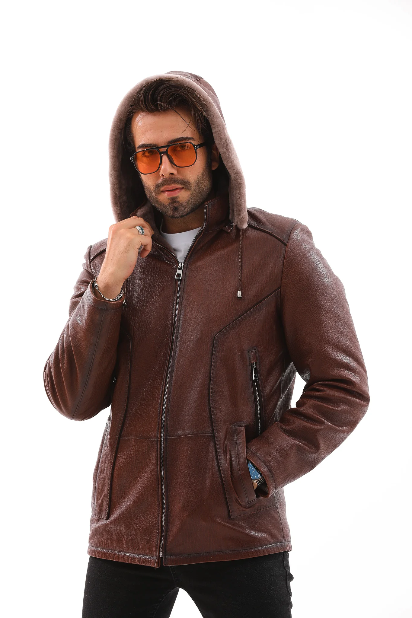 The Bergamo Brown Shearling Leather Men Jacket - Image 2
