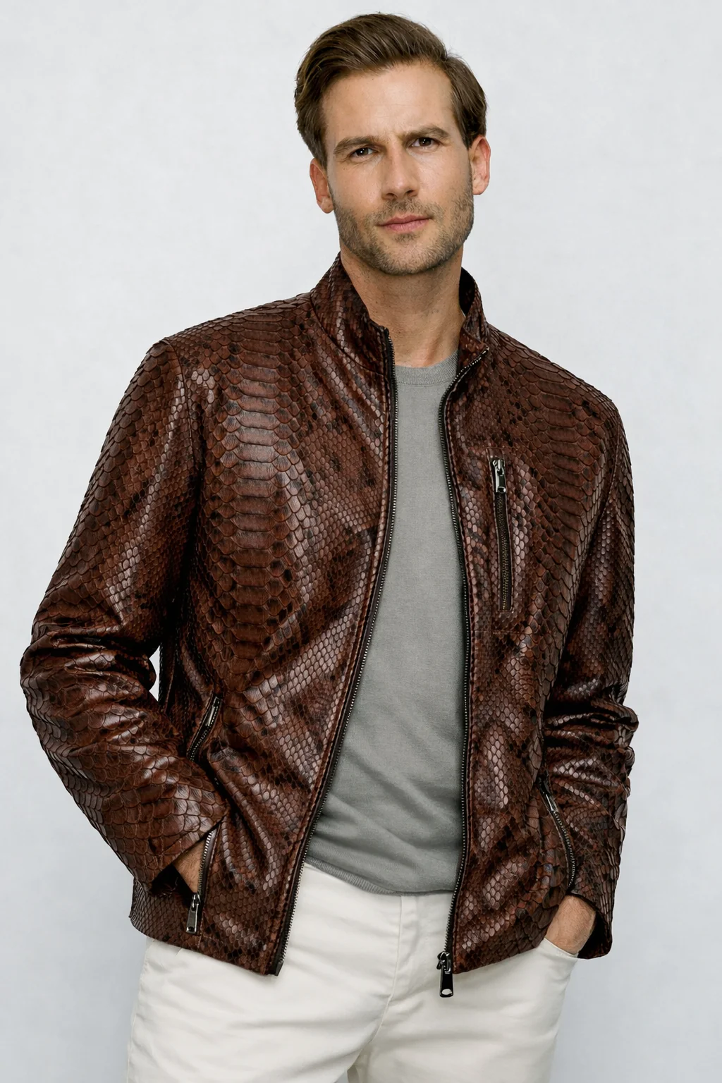 The Boss Pythn Dark Brown Leather Men Jacket Exclusive Limited Edition - Image 2