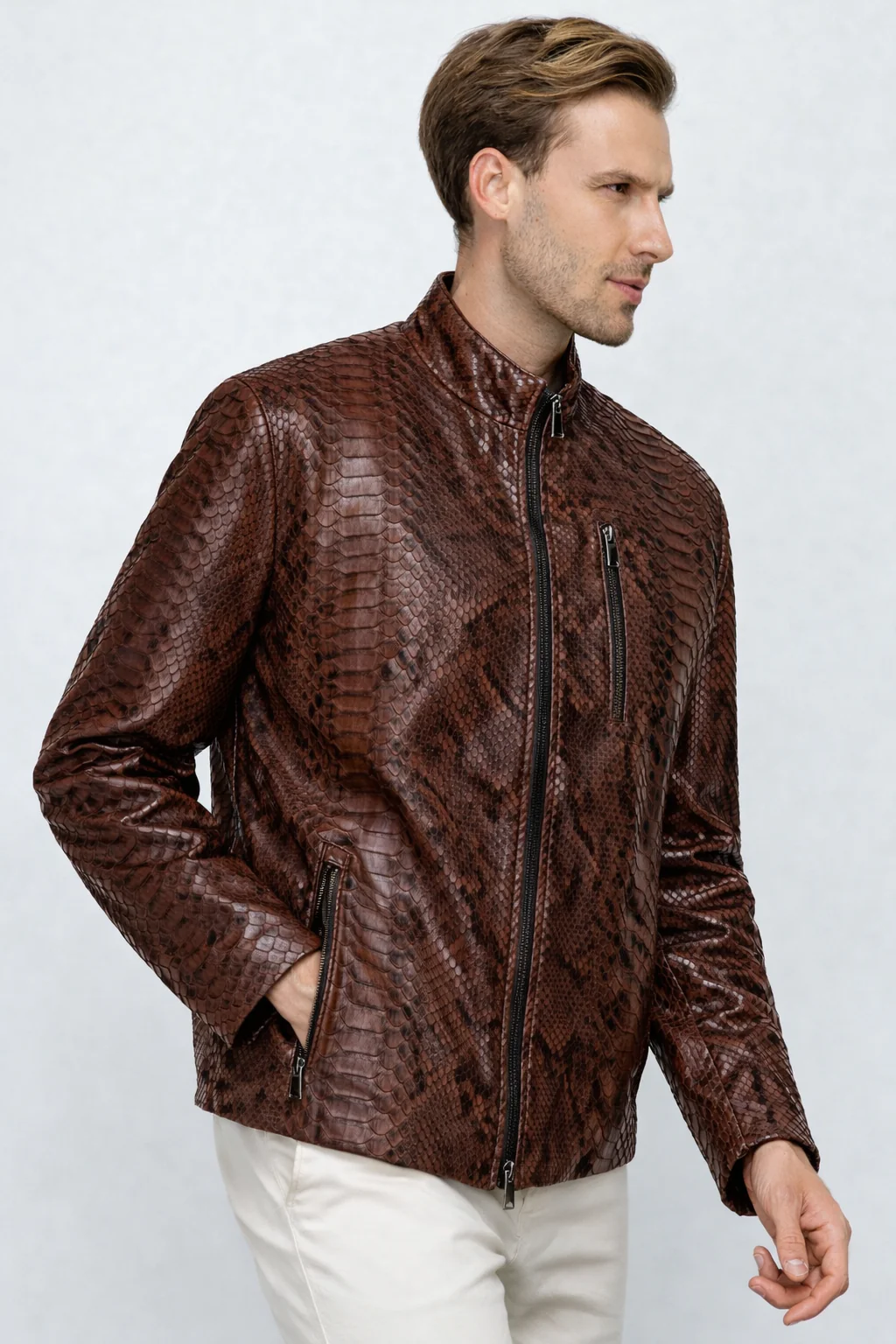 The Boss Pythn Dark Brown Leather Men Jacket Exclusive Limited Edition - Image 4