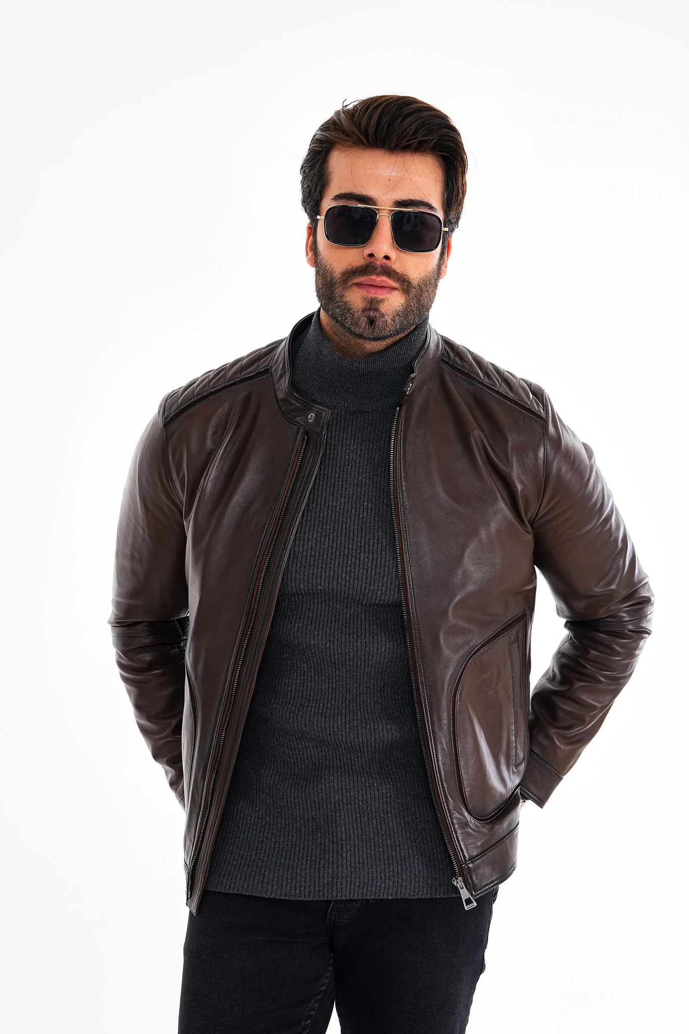The Brescia Brown Leather Racer Men Jacket - Image 2