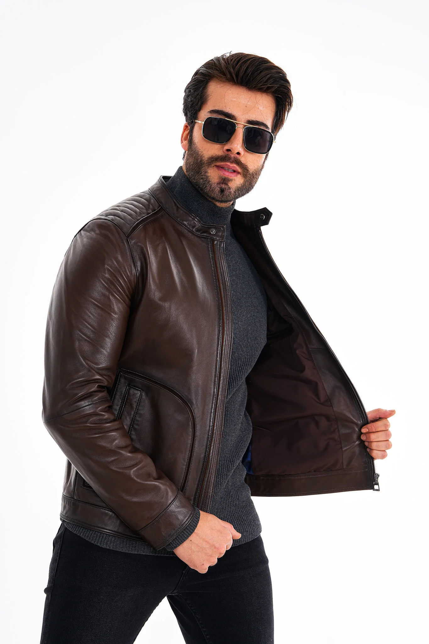 The Brescia Brown Leather Racer Men Jacket - Image 4