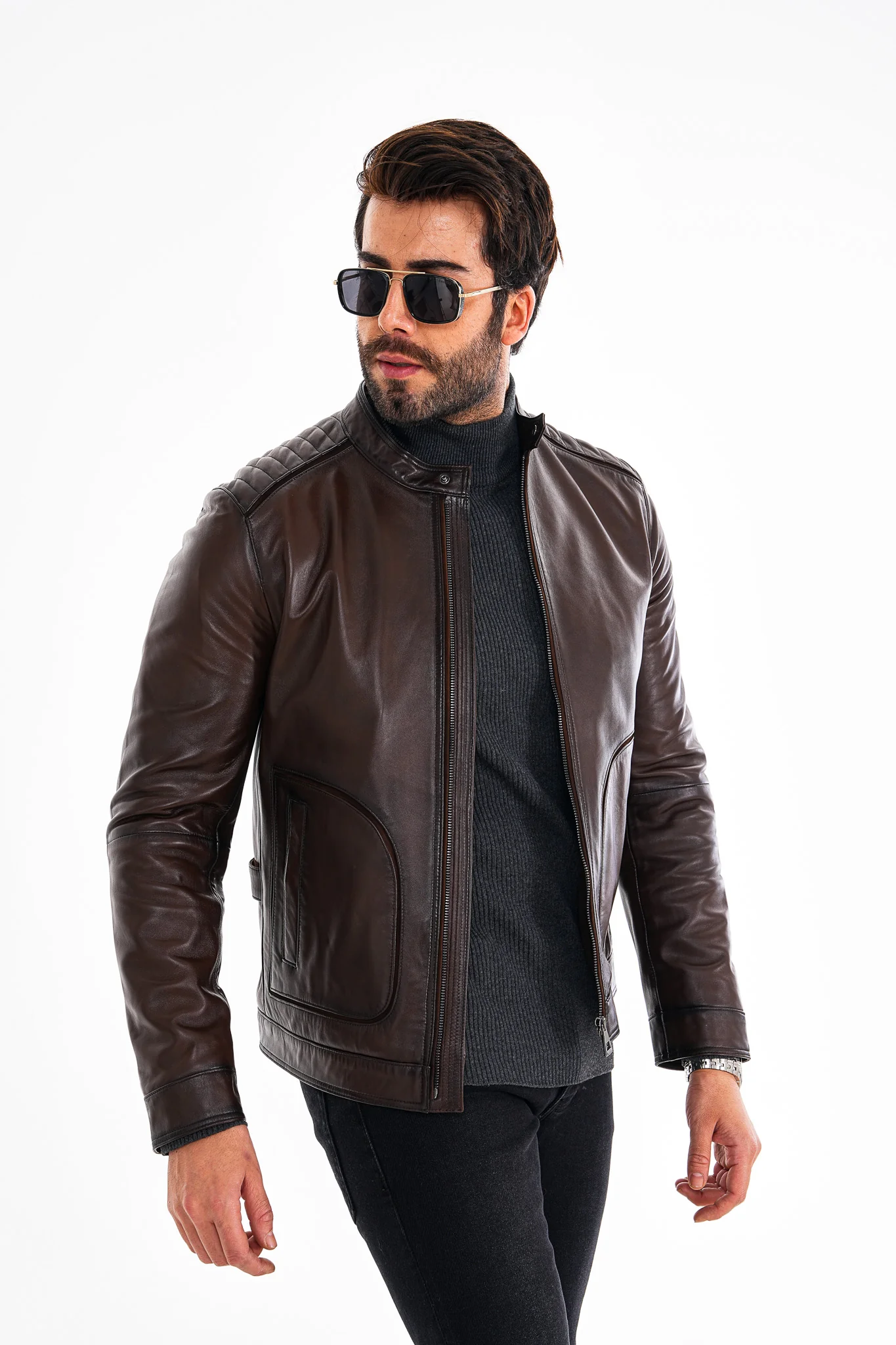 The Brescia Brown Leather Racer Men Jacket - Image 5