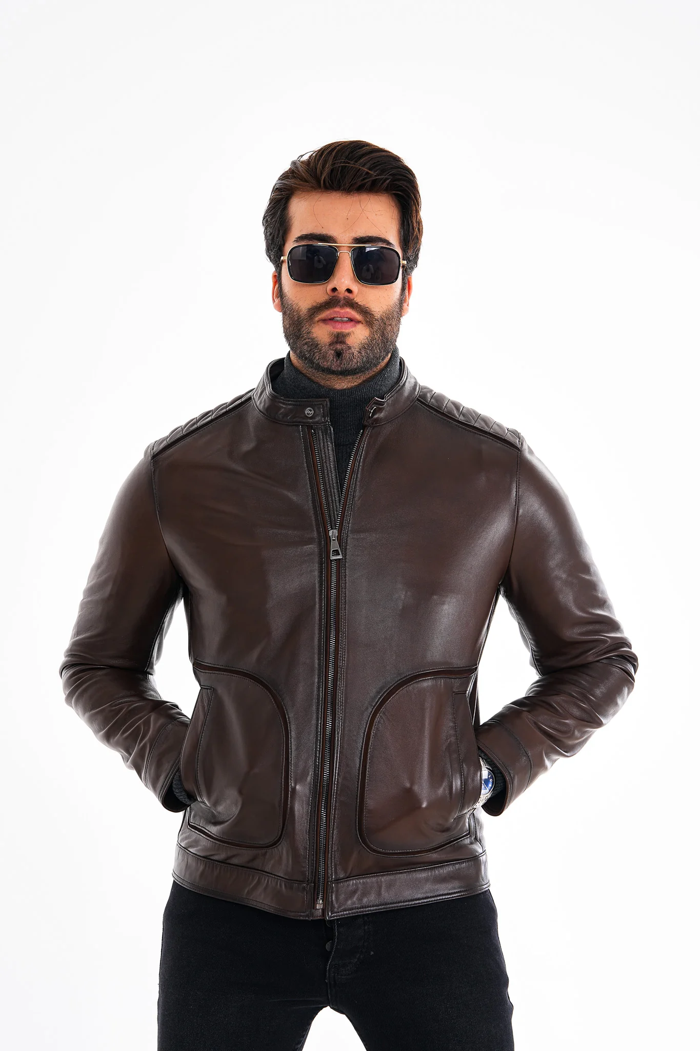 The Brescia Brown Leather Racer Men Jacket - Image 6