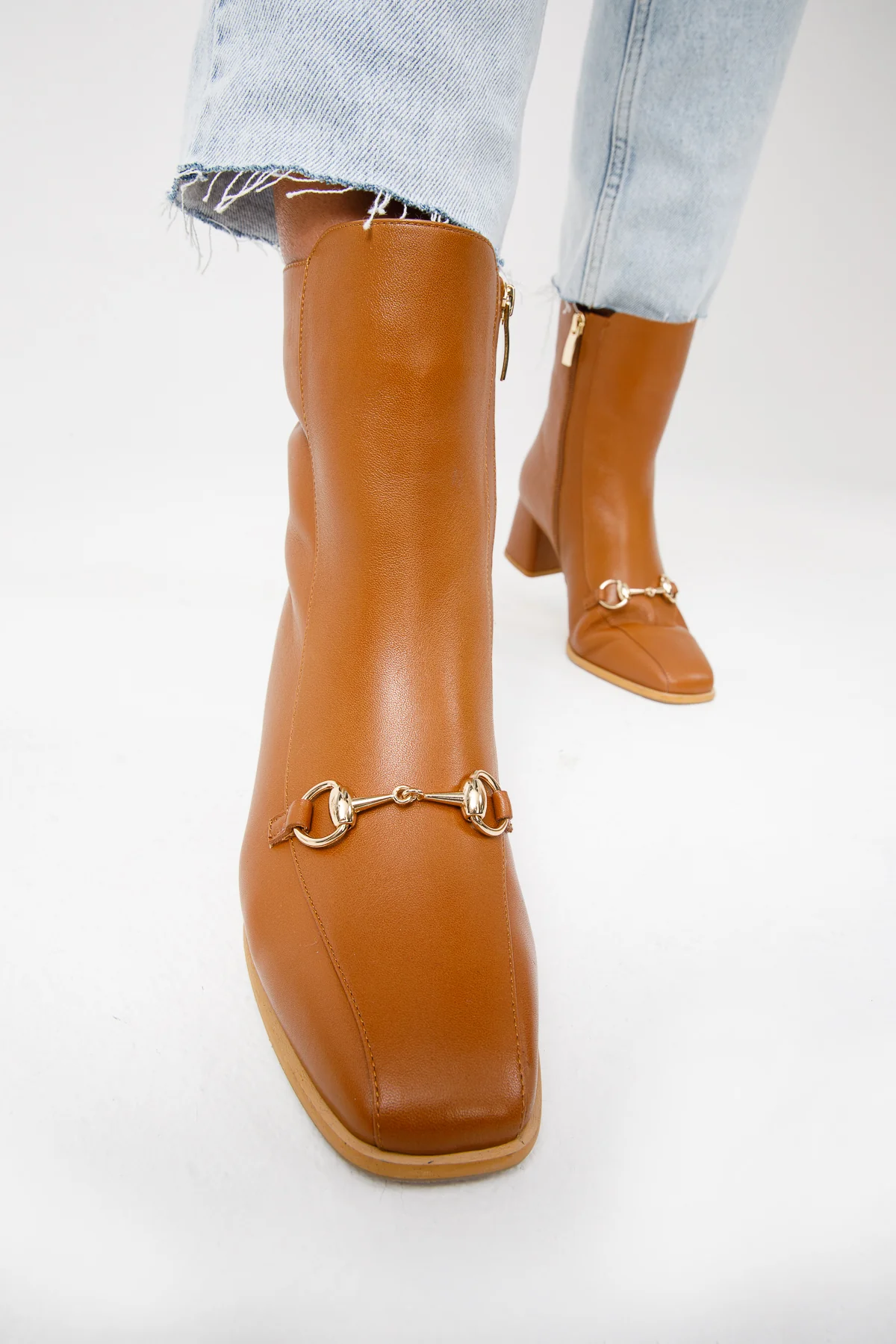 The Bukres Tan Leather Block Heel Mid Calf Women Boot - Image 11