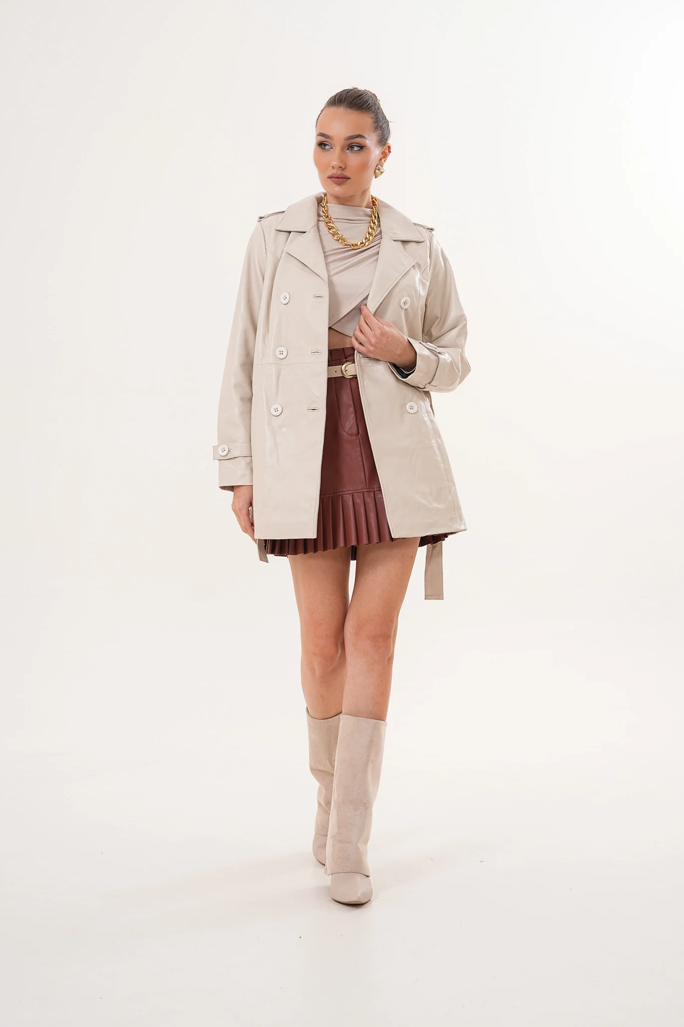 The Caelith Light Beige Leather Women Trench Jacket - Image 9