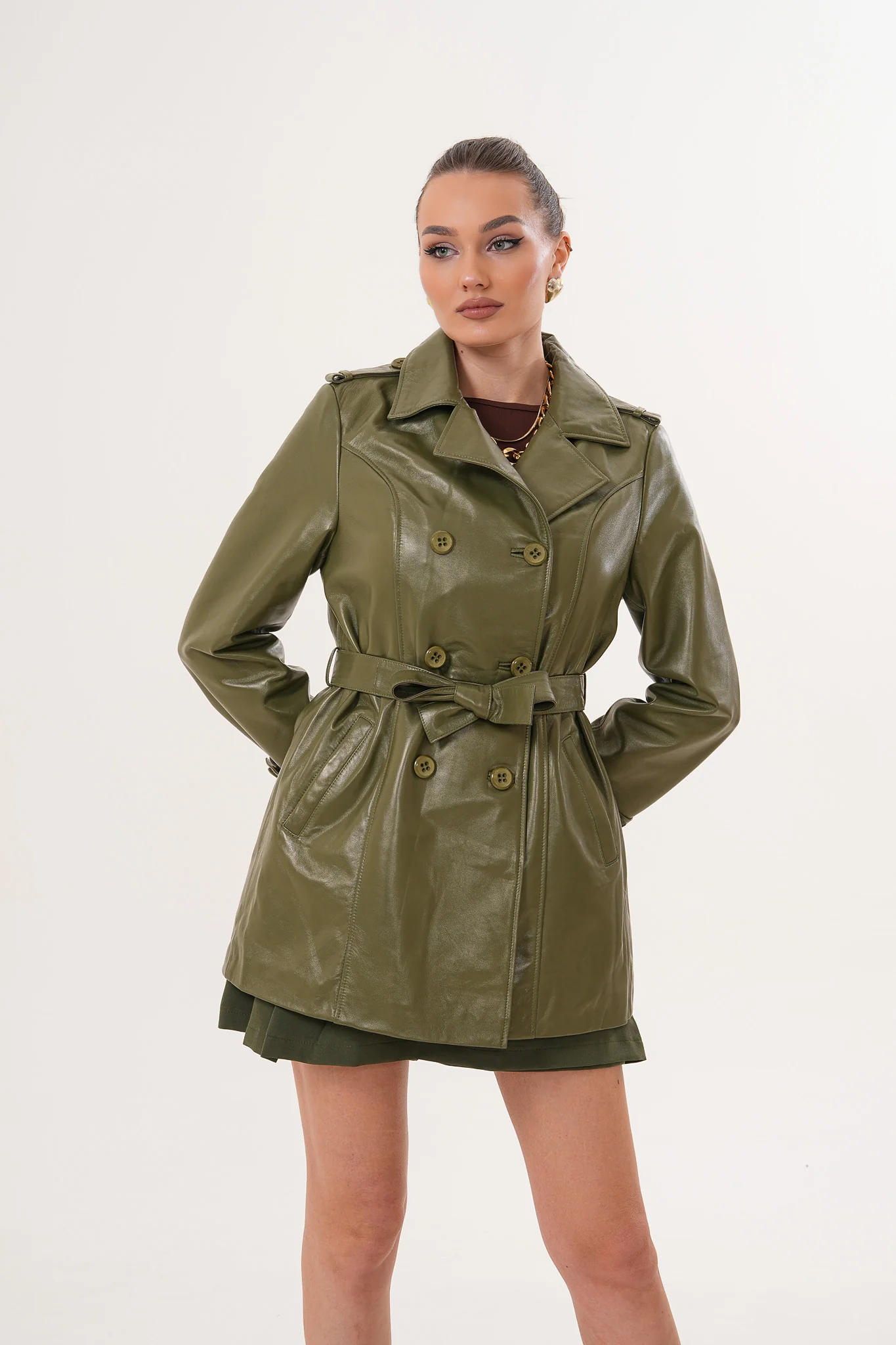 The Caelith Olive Green Leather Women Trench Jacket - Image 10