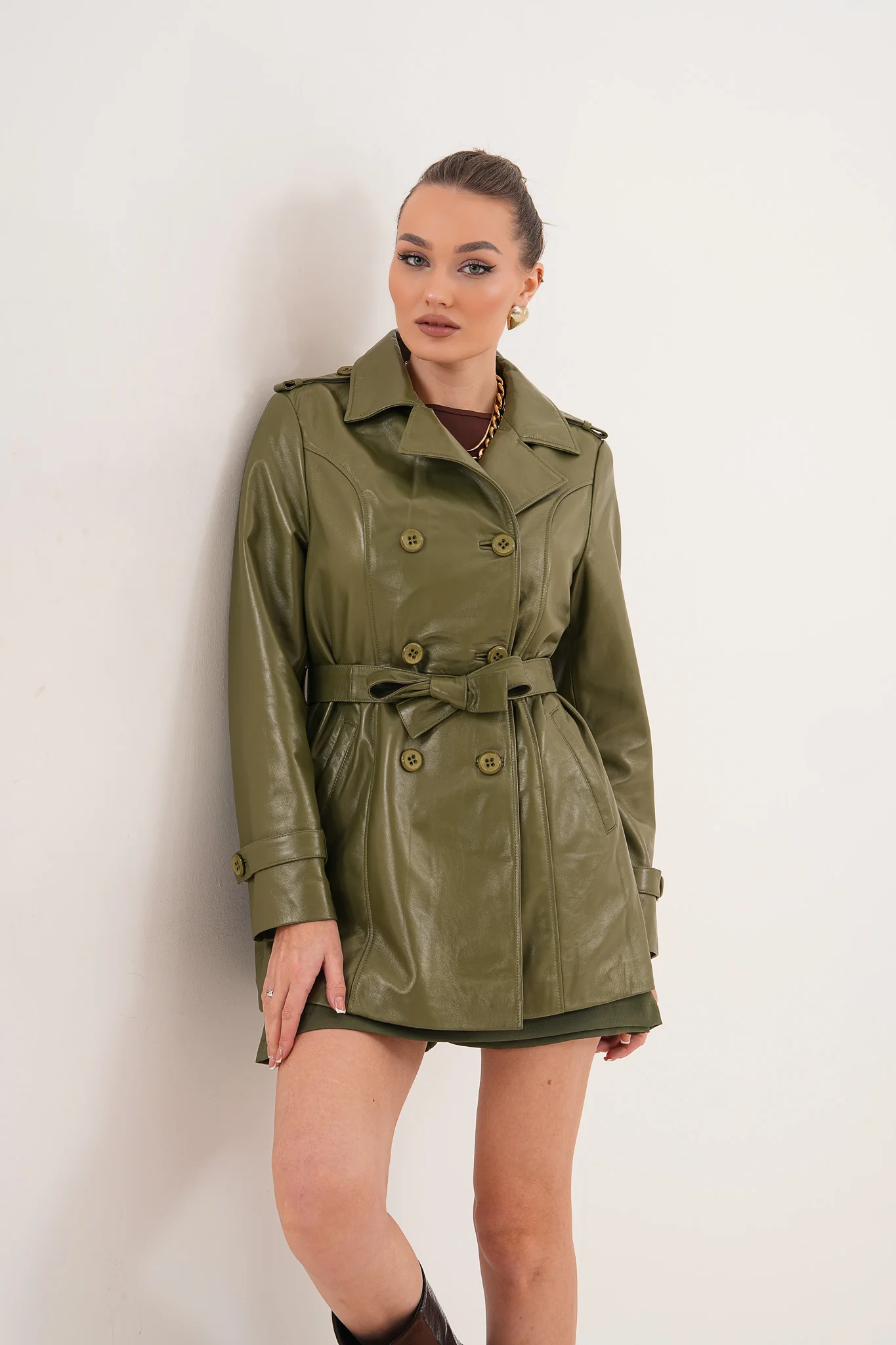 The Caelith Olive Green Leather Women Trench Jacket - Image 11