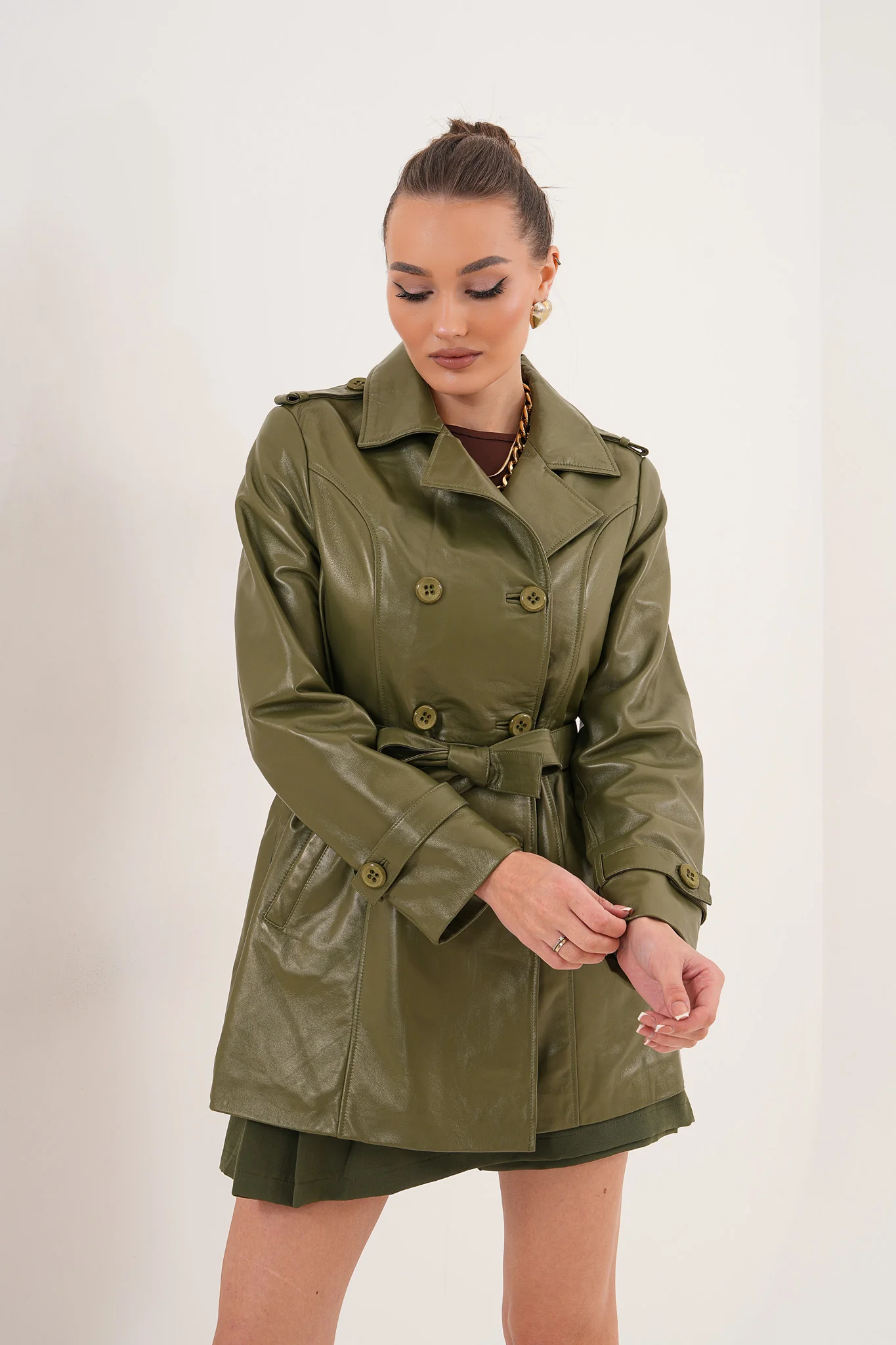 The Caelith Olive Green Leather Women Trench Jacket - Image 12