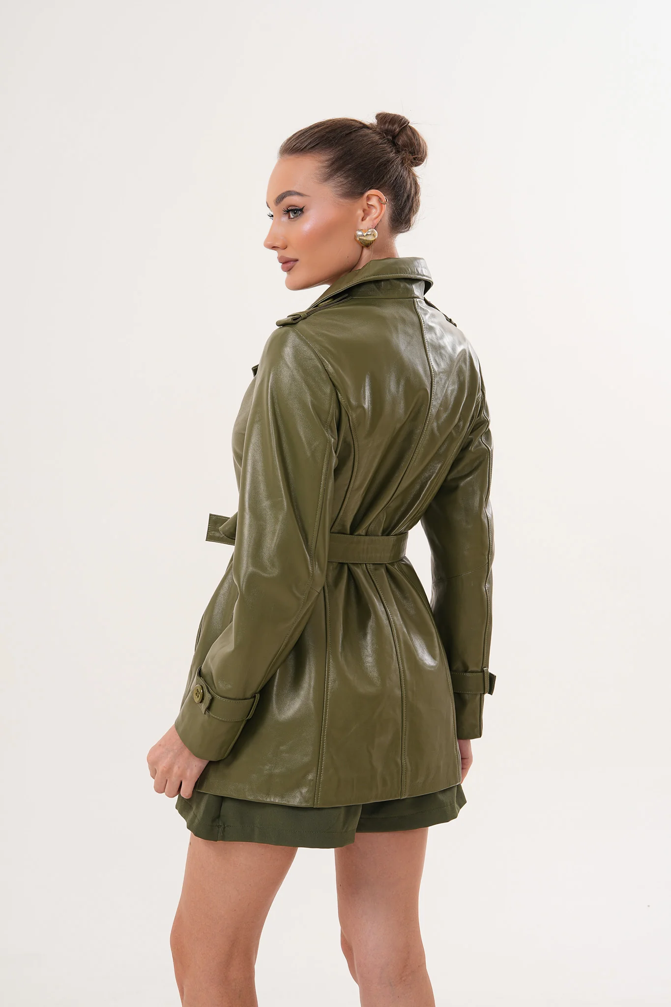 The Caelith Olive Green Leather Women Trench Jacket - Image 3