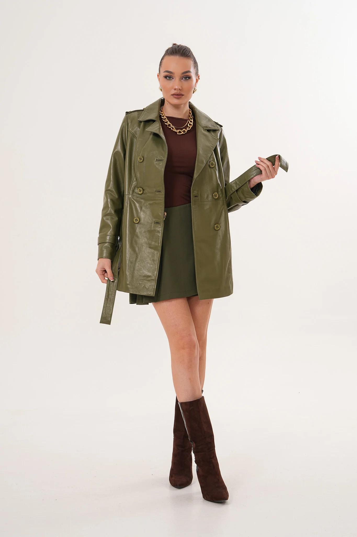 The Caelith Olive Green Leather Women Trench Jacket - Image 4