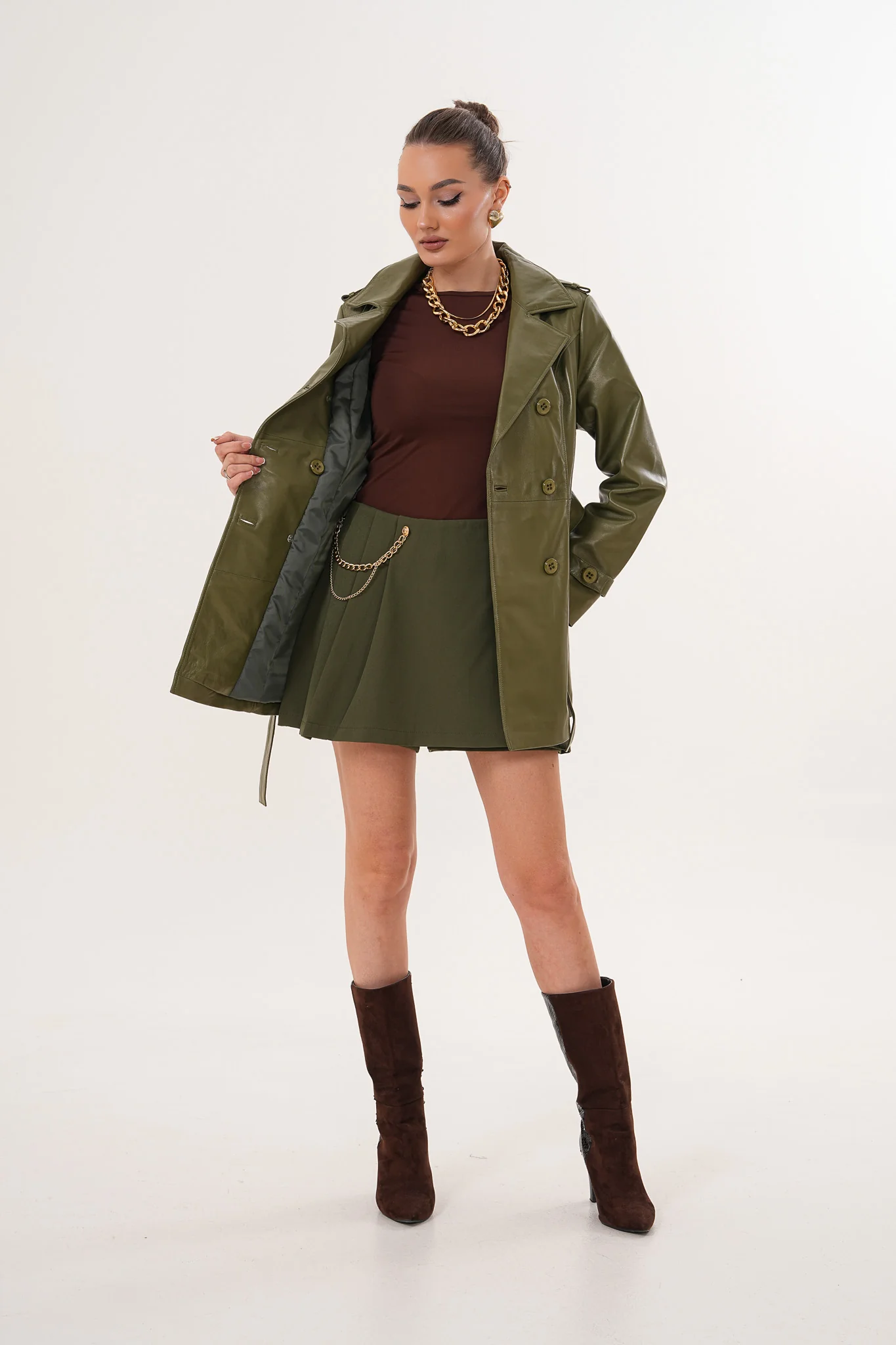 The Caelith Olive Green Leather Women Trench Jacket - Image 5