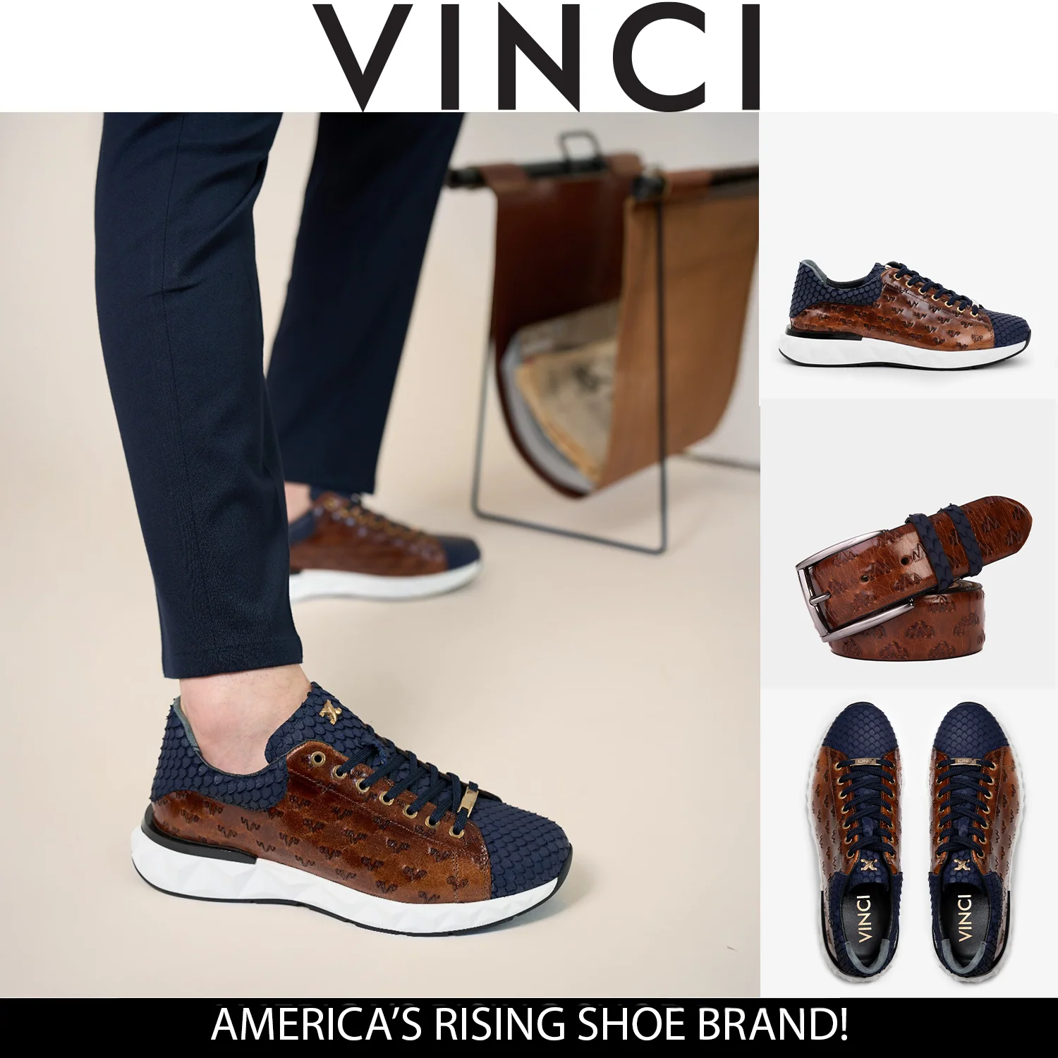 The Caesars Navy & Tan Leather Men Sneaker - Image 4