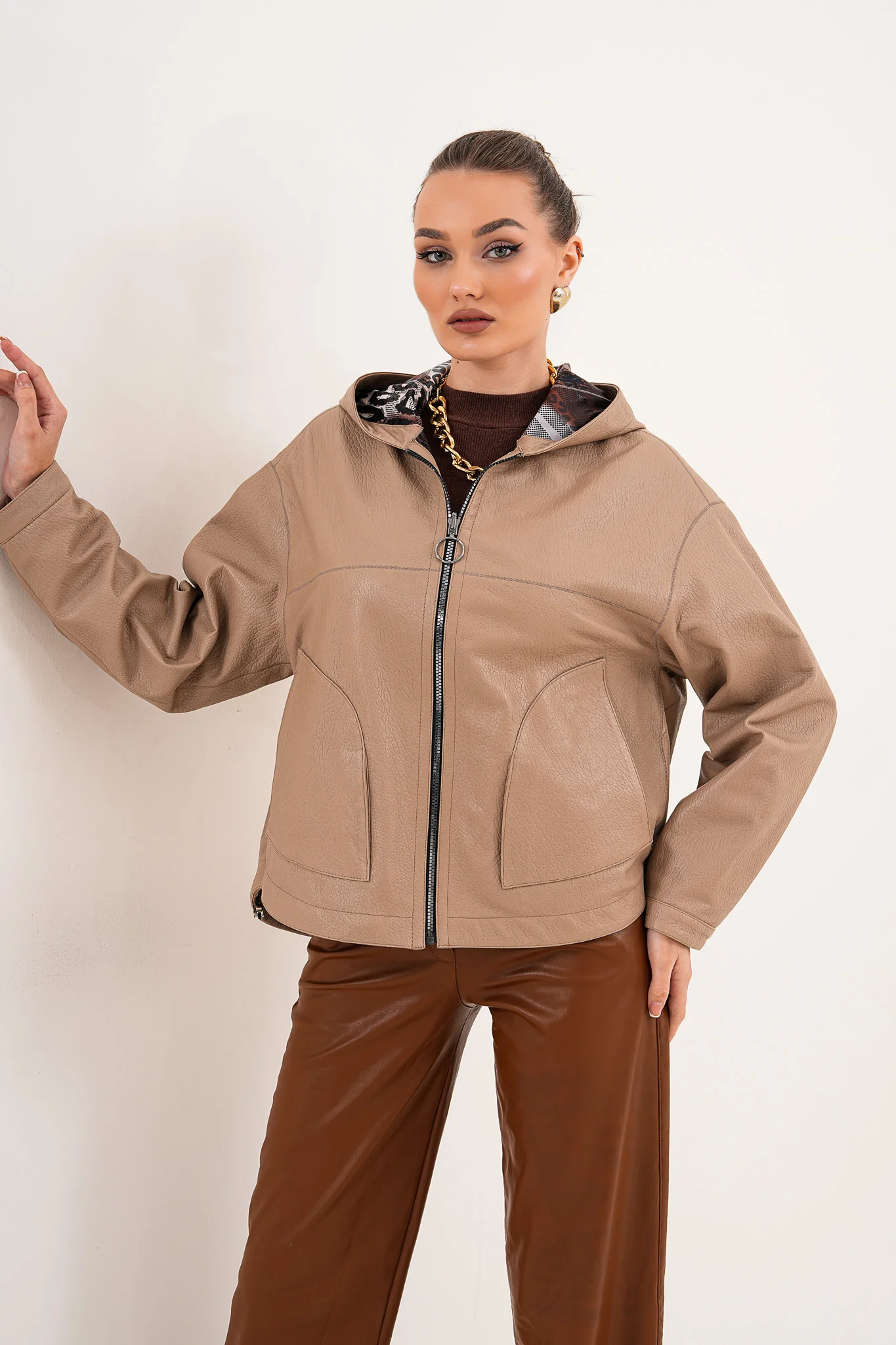 The Calyra Reversible Leather Women Jacket – Taupe - Image 16