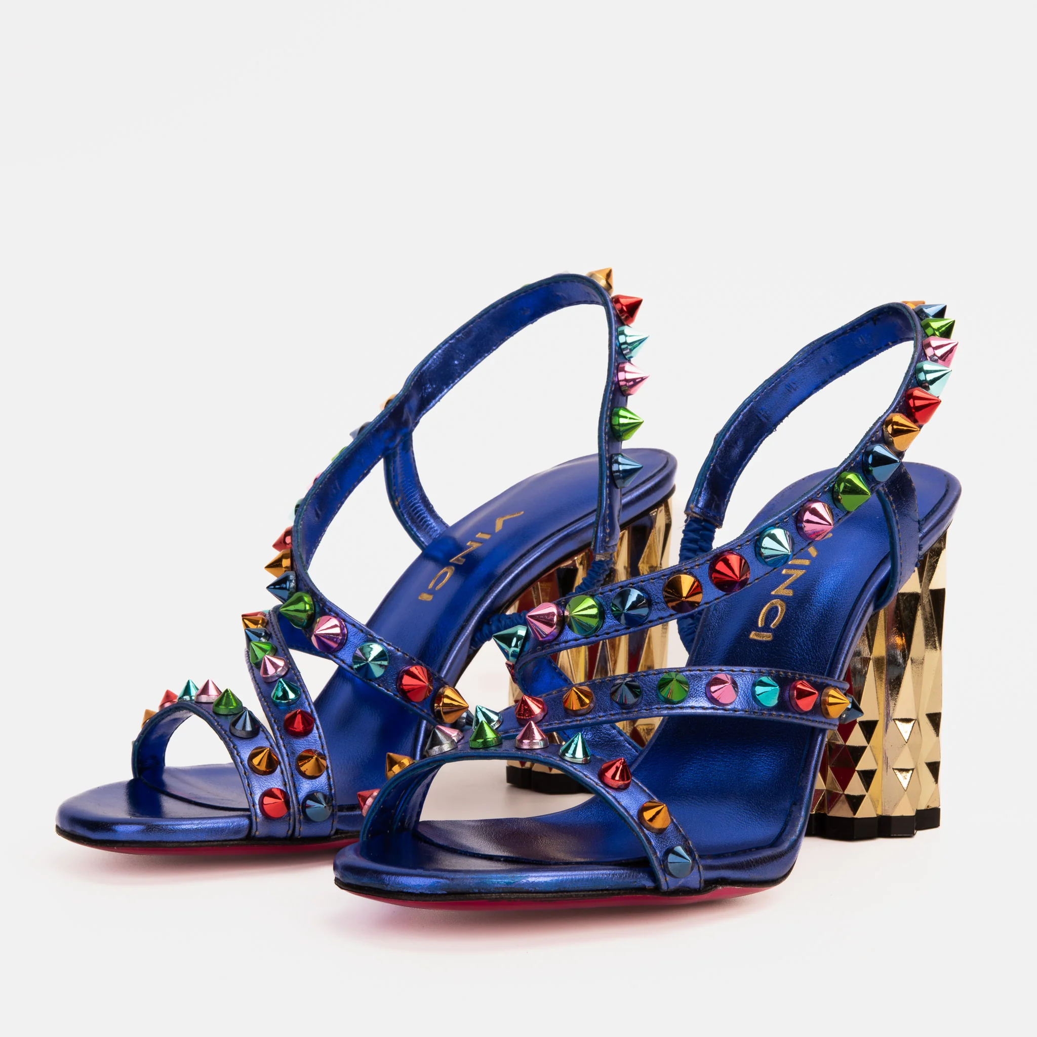 The Caris Sax Blue Block Heel Spike Leather Women Sandal Final Sale! - Image 3