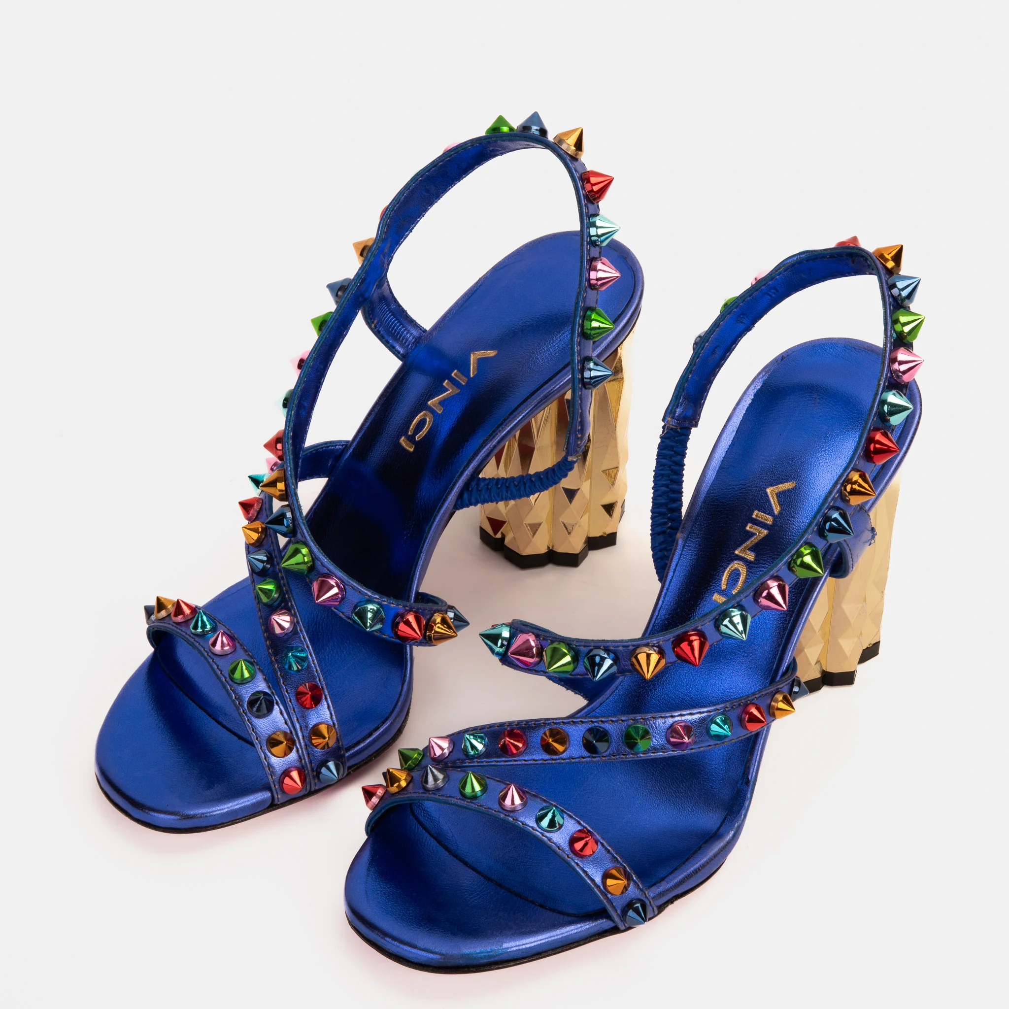 The Caris Sax Blue Block Heel Spike Leather Women Sandal Final Sale! - Image 6