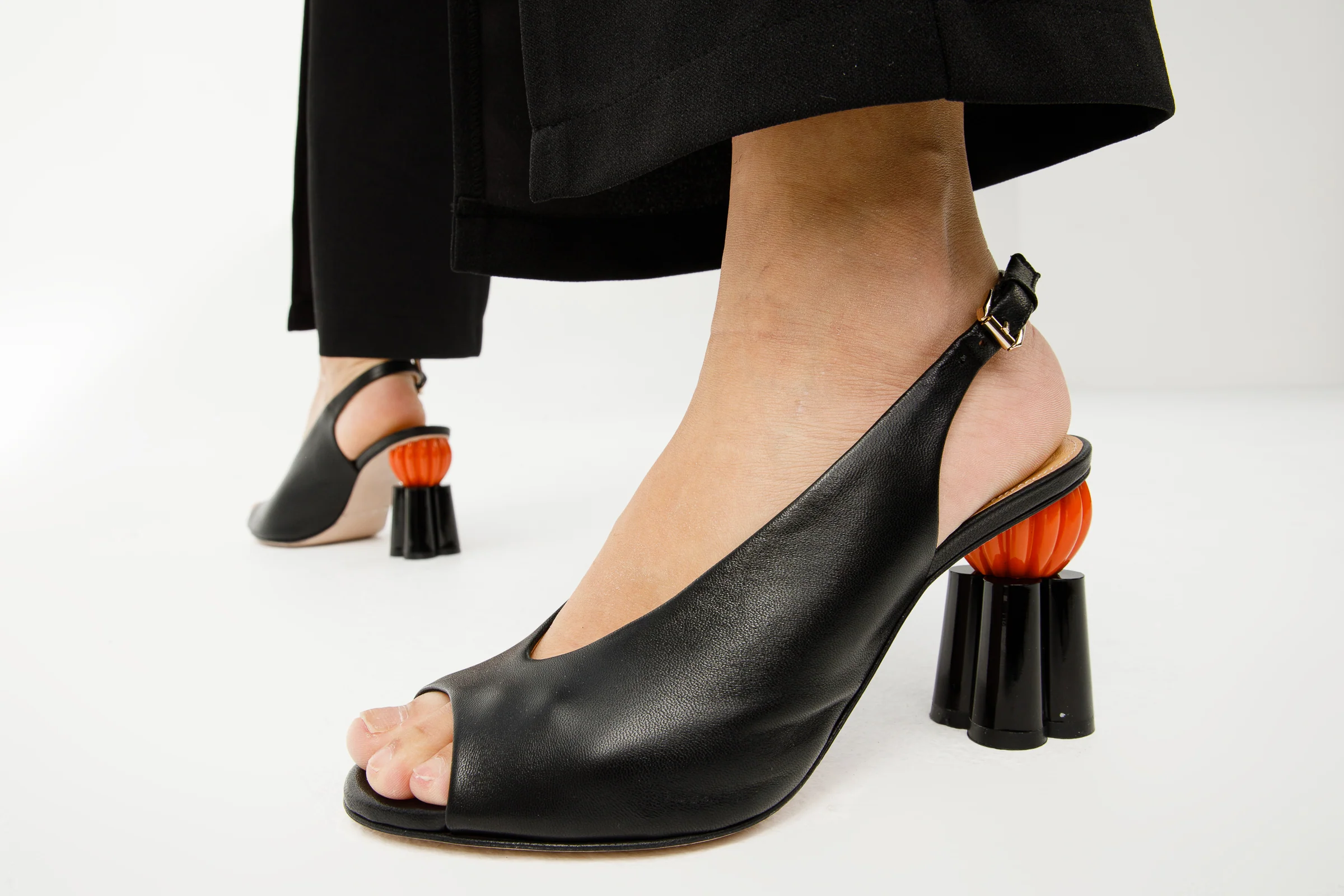 The Cimla Pumpkin Heel Black Leather Women Sandal - Image 11