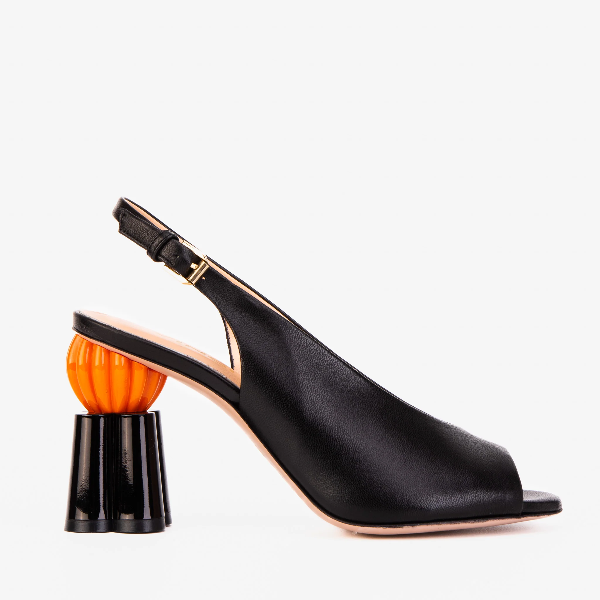 The Cimla Pumpkin Heel Black Leather Women Sandal - Image 2